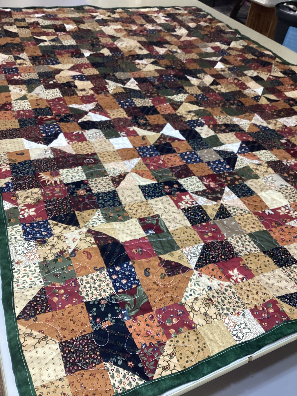Handmade Patchwork Quilt Blanket – Brown Tan Green Blue Full Size Quilt – Cozy Farmhouse Bedding – One of a Kind Quilted Throw Gift