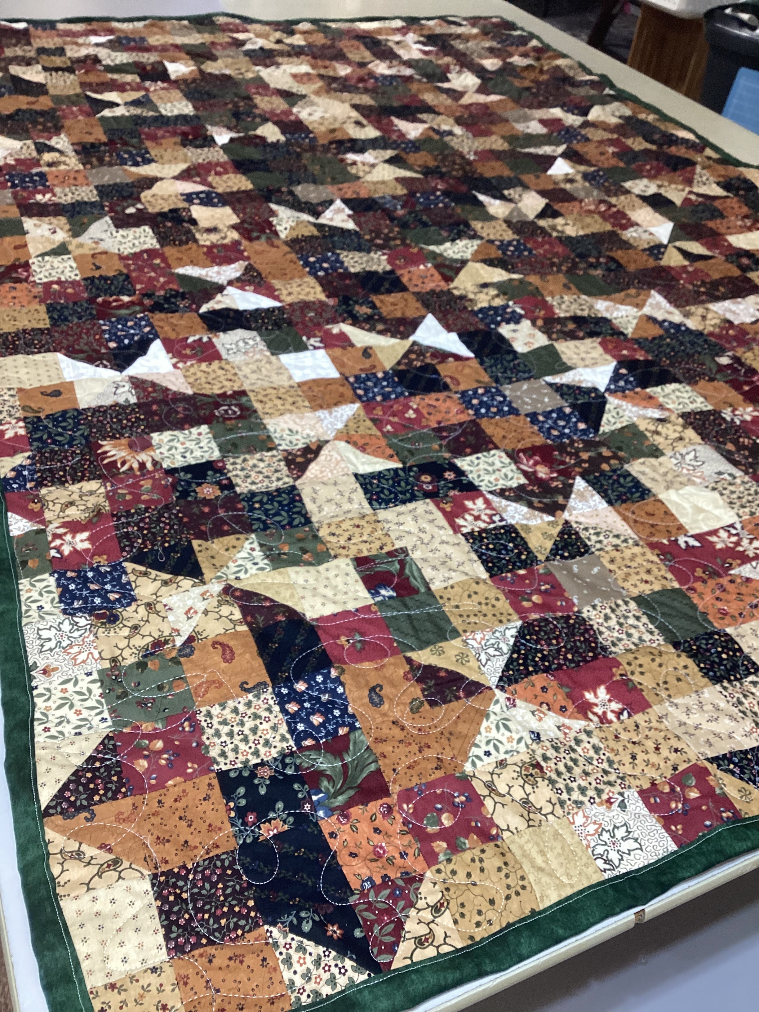 Handmade Patchwork Quilt Blanket – Brown Tan Green Blue Full Size Quilt – Cozy Farmhouse Bedding – One of a Kind Quilted Throw Gift