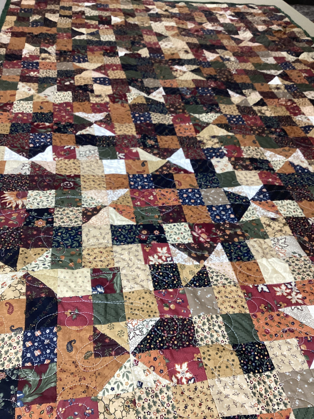 Handmade Patchwork Quilt Blanket – Brown Tan Green Blue Full Size Quilt – Cozy Farmhouse Bedding – One of a Kind Quilted Throw Gift