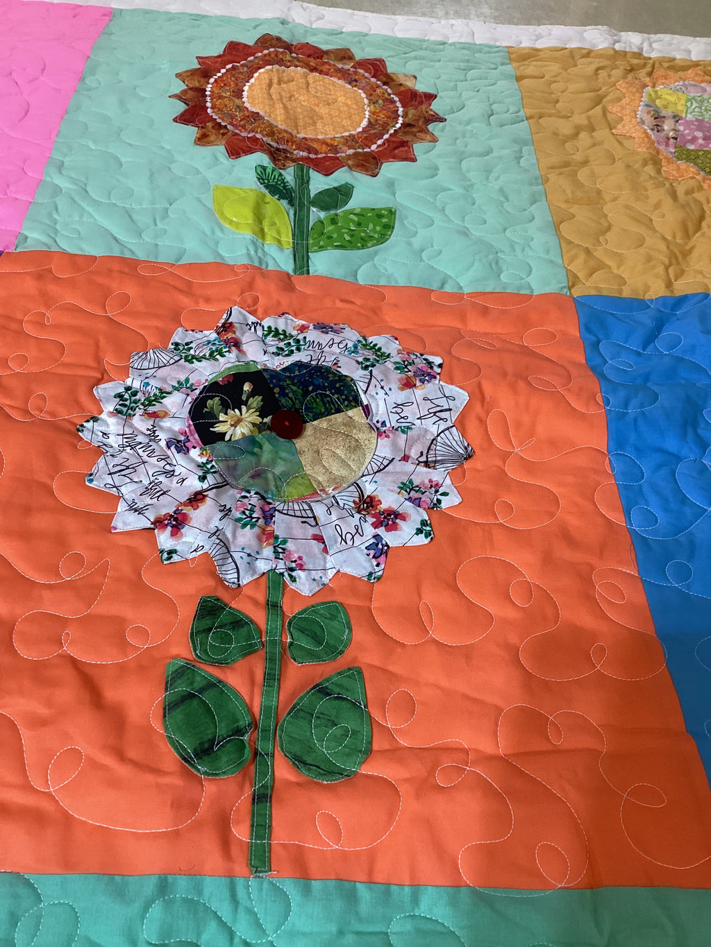 Handmade Appliqué Flower Quilt – Vibrant Rainbow Floral Throw Blanket baby quilt blanket  comforter bedspread nursey decor gift idea