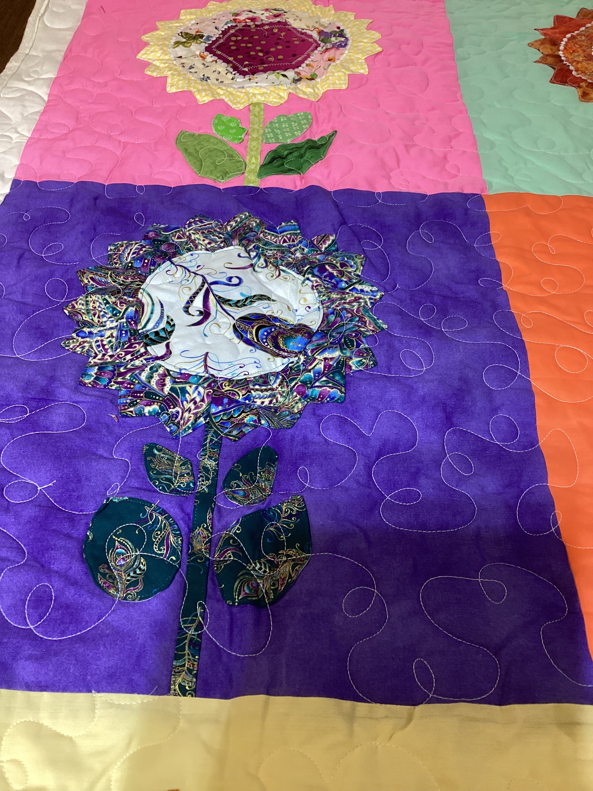 Handmade Appliqué Flower Quilt – Vibrant Rainbow Floral Throw Blanket baby quilt blanket  comforter bedspread nursey decor gift idea