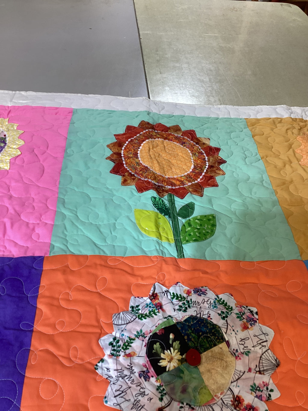 Handmade Appliqué Flower Quilt – Vibrant Rainbow Floral Throw Blanket baby quilt blanket  comforter bedspread nursey decor gift idea
