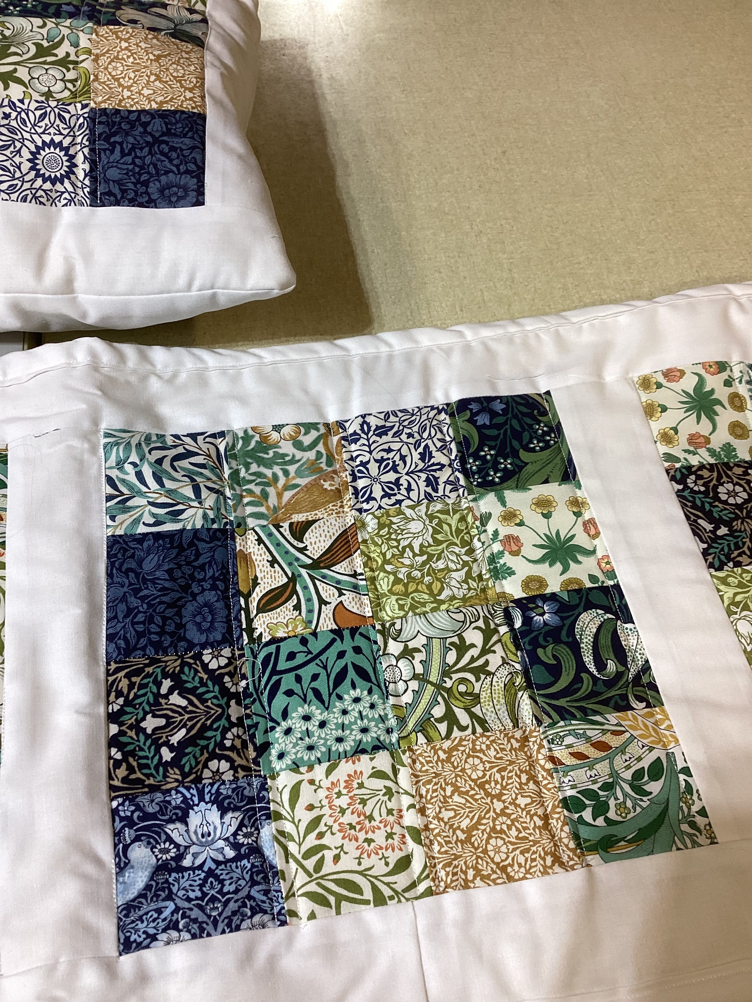 Handmade Blue Floral Cotton Pillow & Bed Runner Set comforter bedspread gift idea