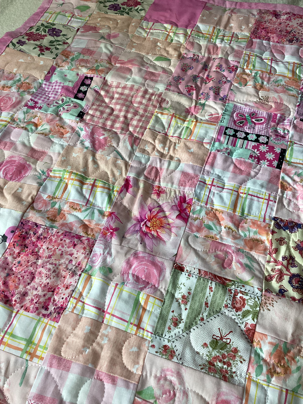 Handmade Shades of Pink Twin or Throw Quilt – One of a Kind Patchwork Blanket  comforter bedspread duvet cover