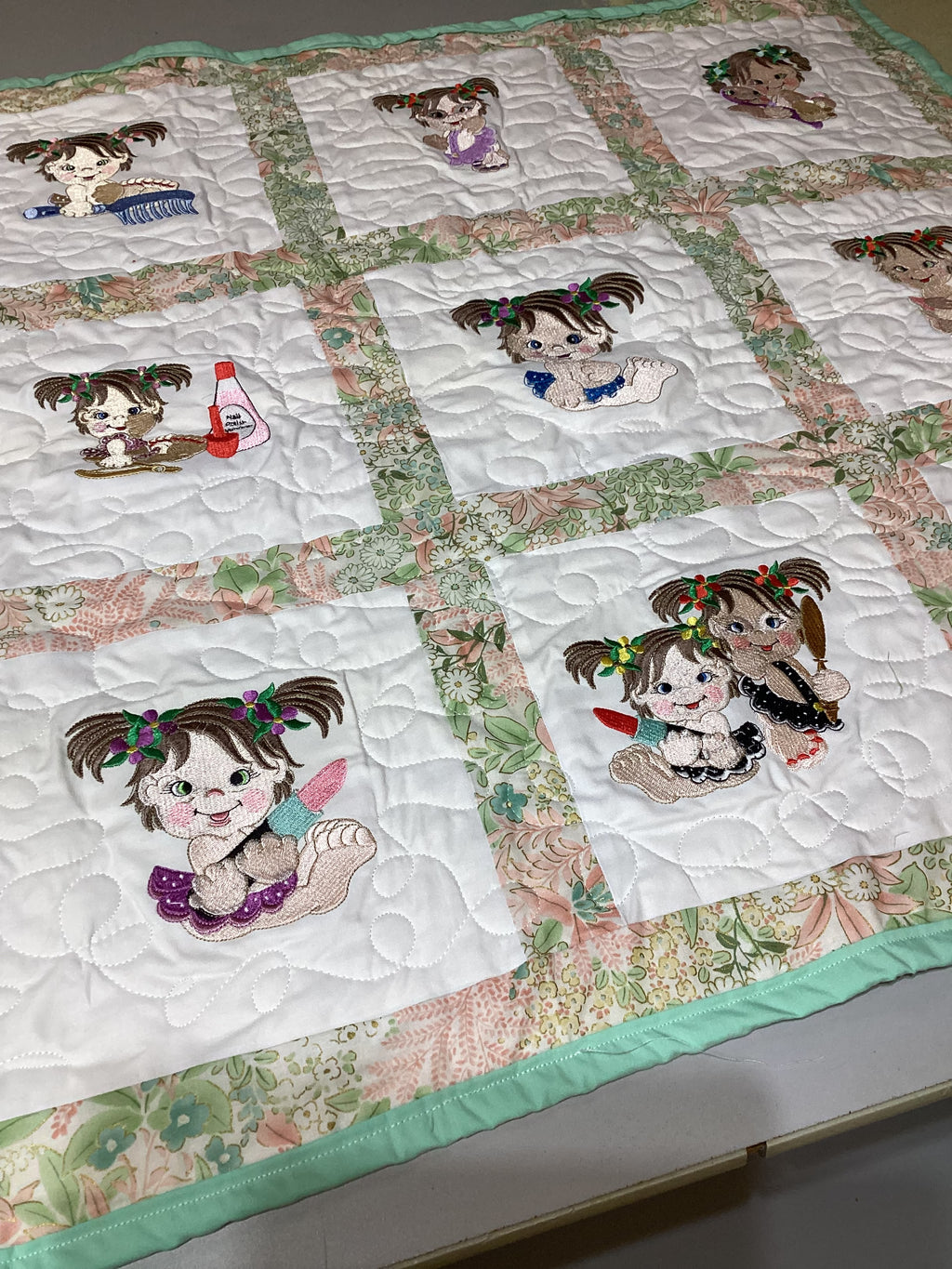 Handmade Embroidered Baby Girls Quilt Art – Colorful Nursery Decor – Baby Shower Gift Idea