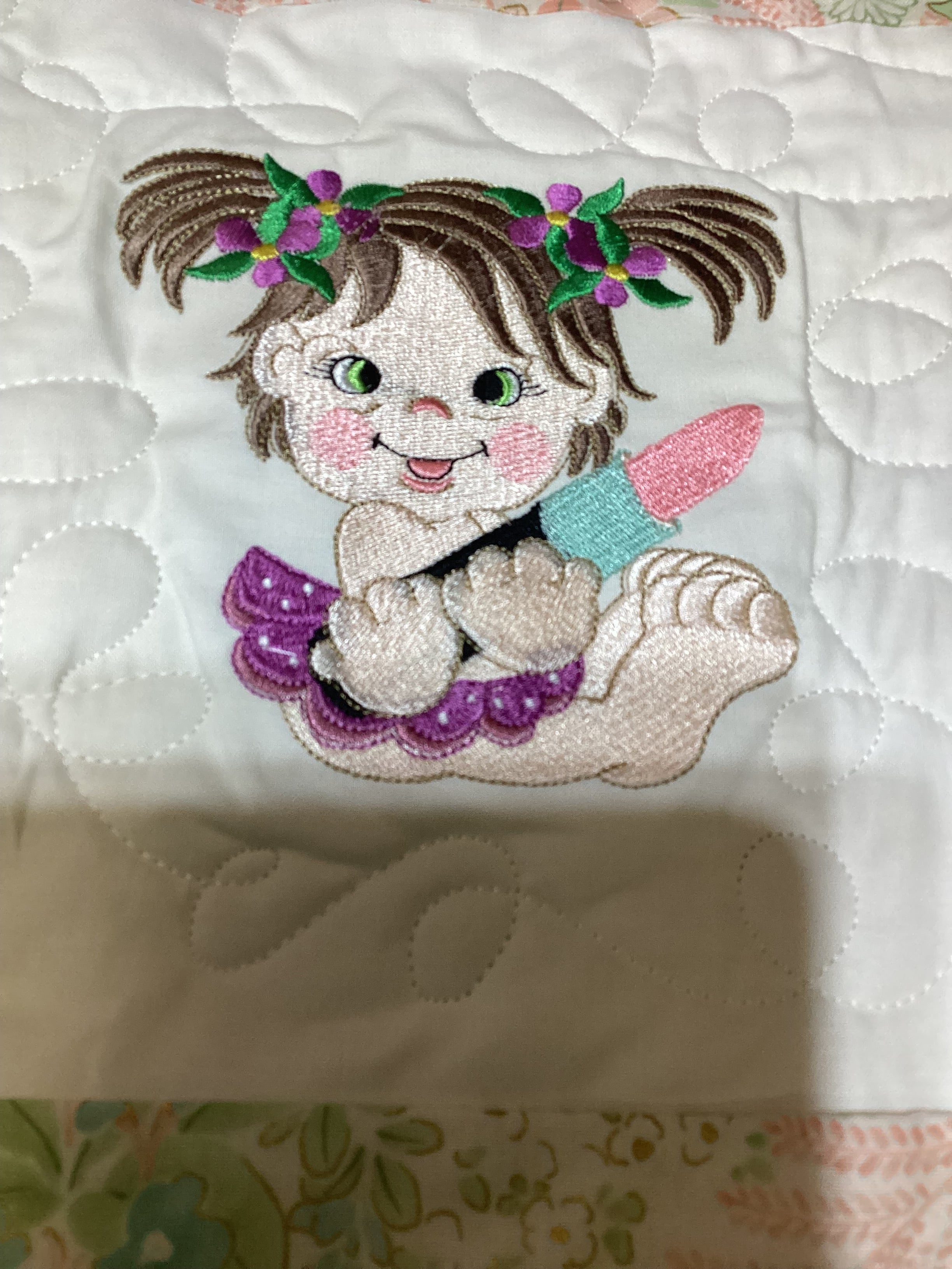 Handmade Embroidered Baby Girls Quilt Art – Colorful Nursery Decor – Baby Shower Gift Idea