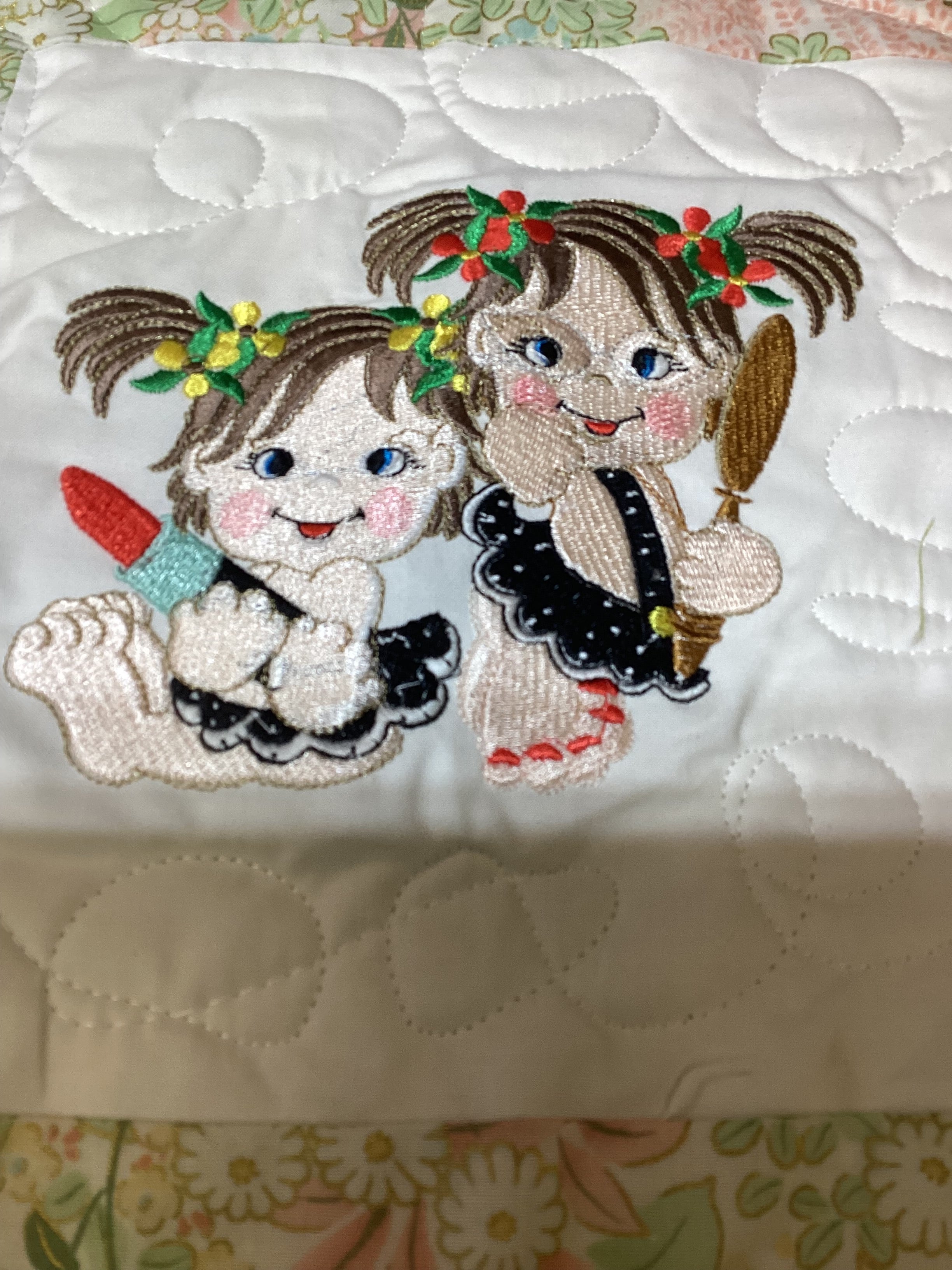 Handmade Embroidered Baby Girls Quilt Art – Colorful Nursery Decor – Baby Shower Gift Idea