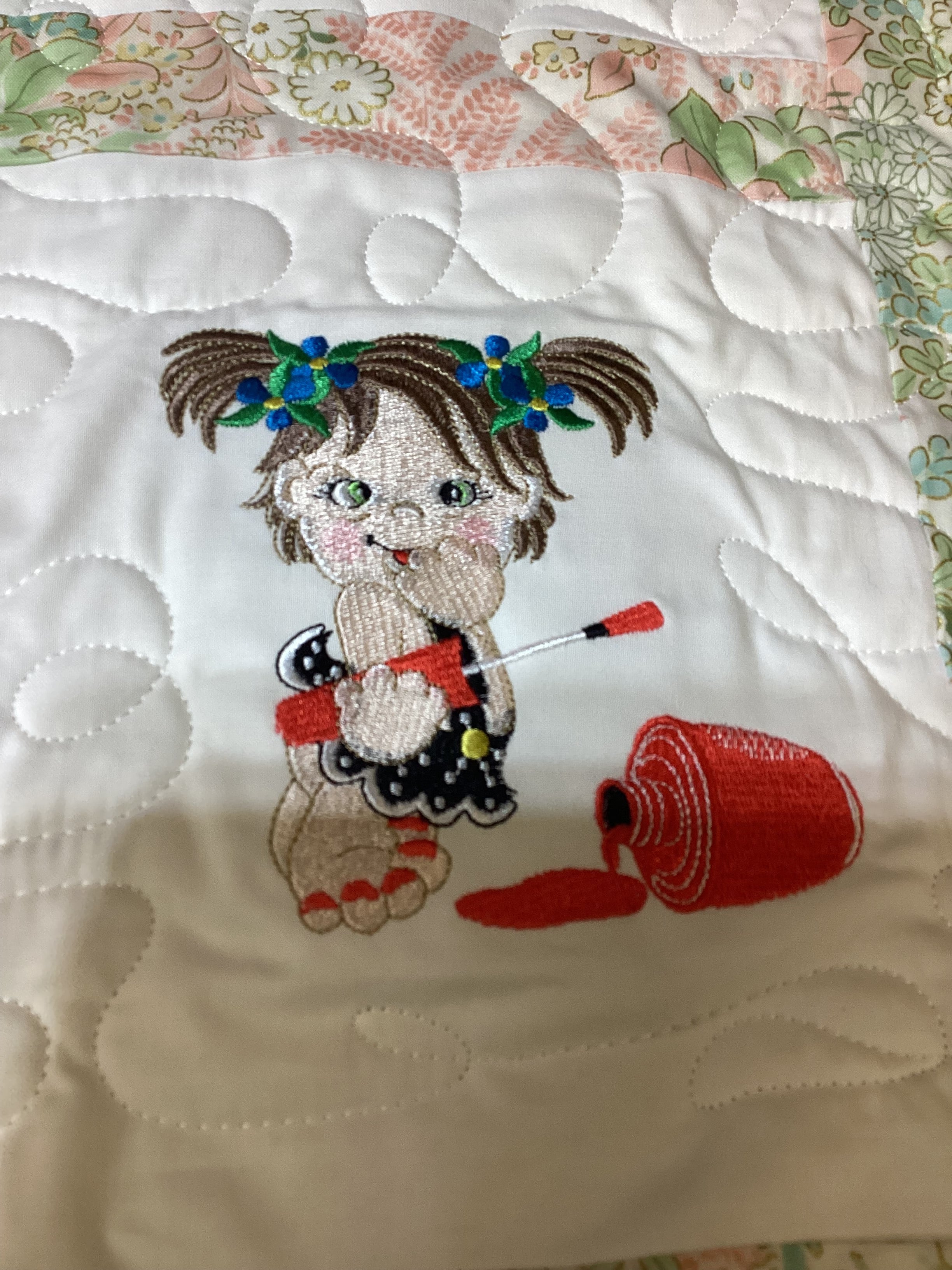Handmade Embroidered Baby Girls Quilt Art – Colorful Nursery Decor – Baby Shower Gift Idea