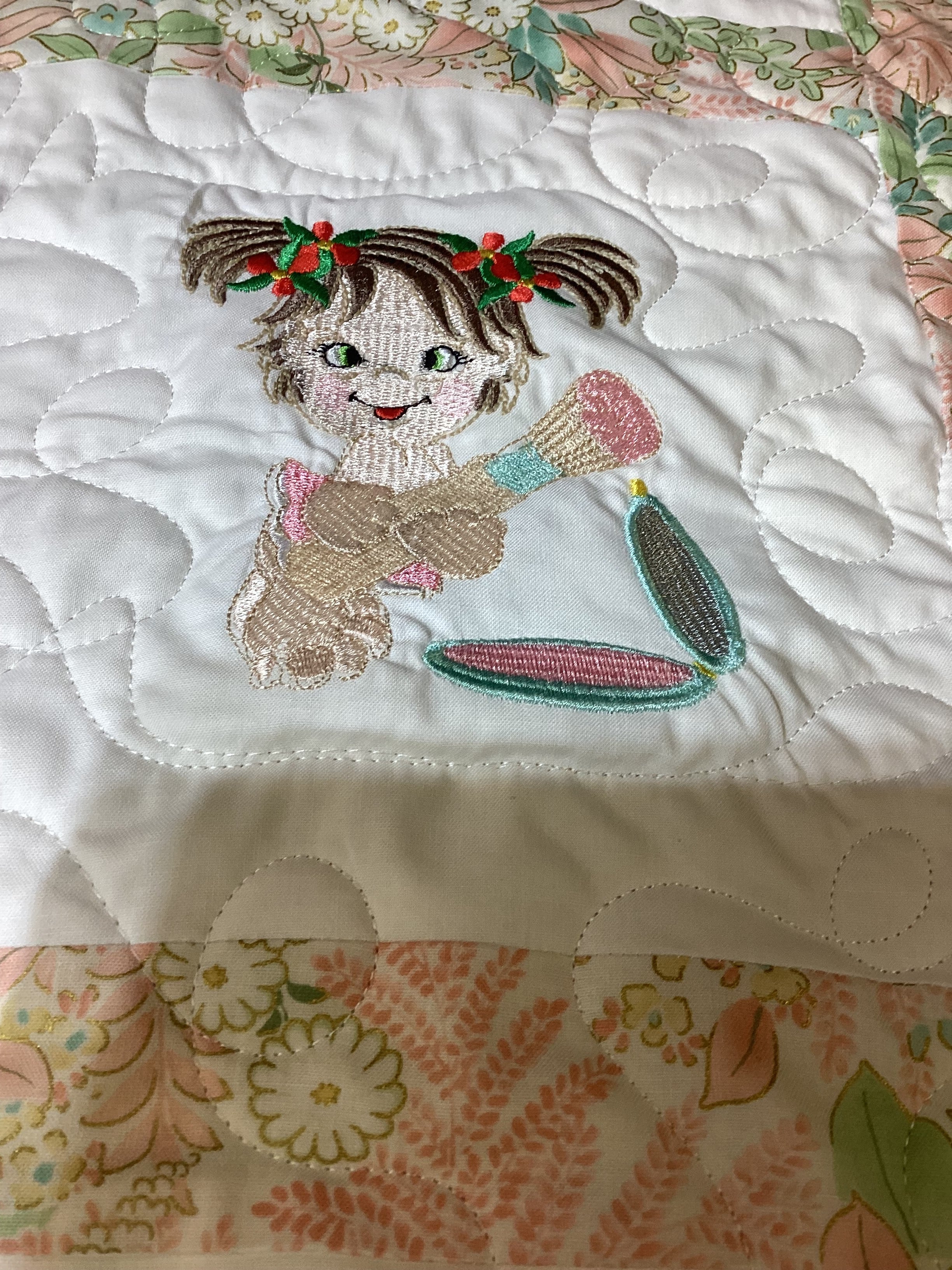 Handmade Embroidered Baby Girls Quilt Art – Colorful Nursery Decor – Baby Shower Gift Idea