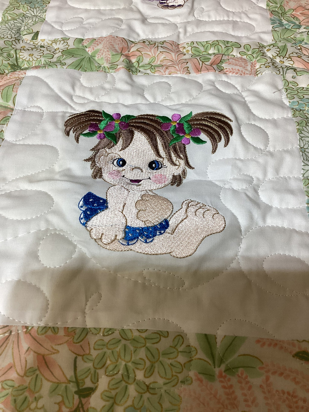 Handmade Embroidered Baby Girls Quilt Art – Colorful Nursery Decor – Baby Shower Gift Idea