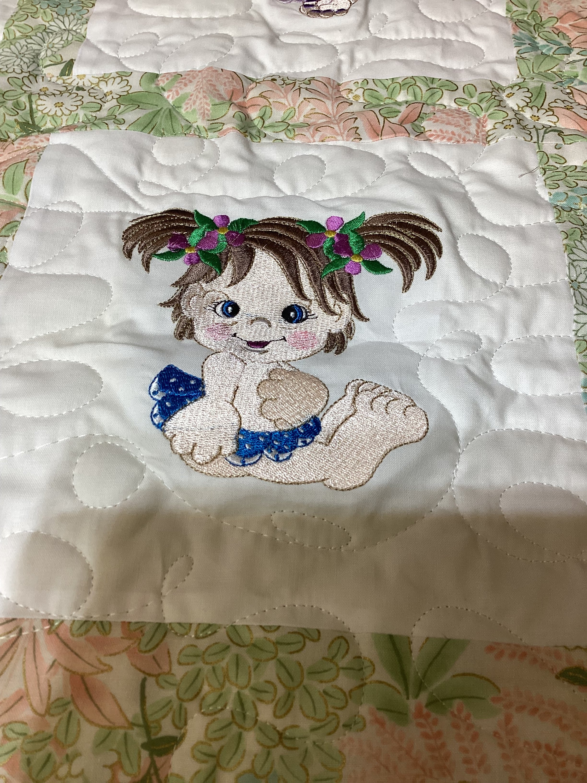 Handmade Embroidered Baby Girls Quilt Art – Colorful Nursery Decor – Baby Shower Gift Idea