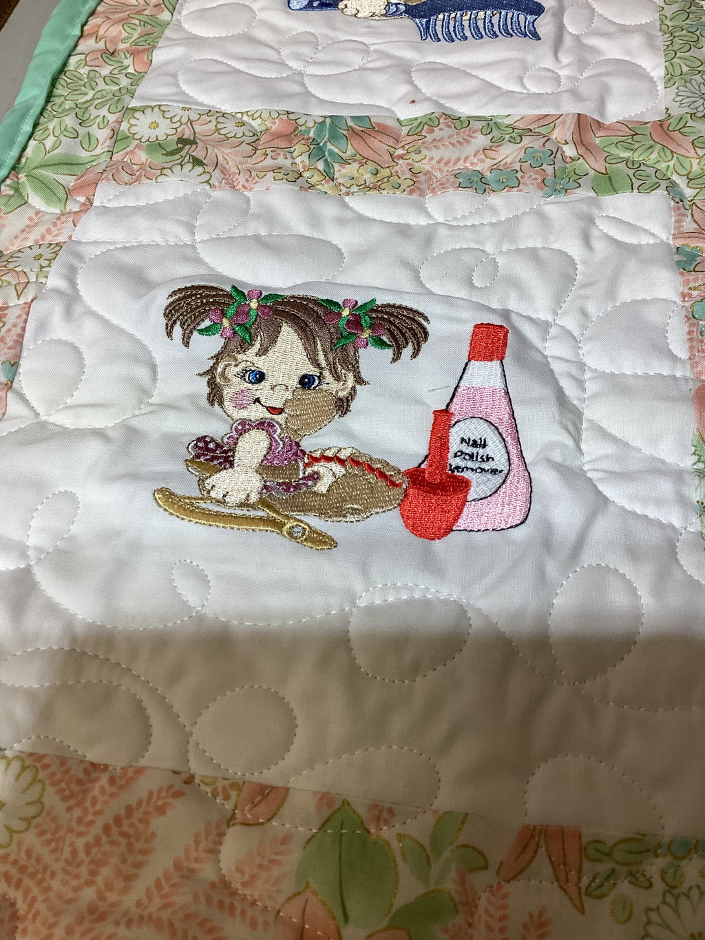 Handmade Embroidered Baby Girls Quilt Art – Colorful Nursery Decor – Baby Shower Gift Idea
