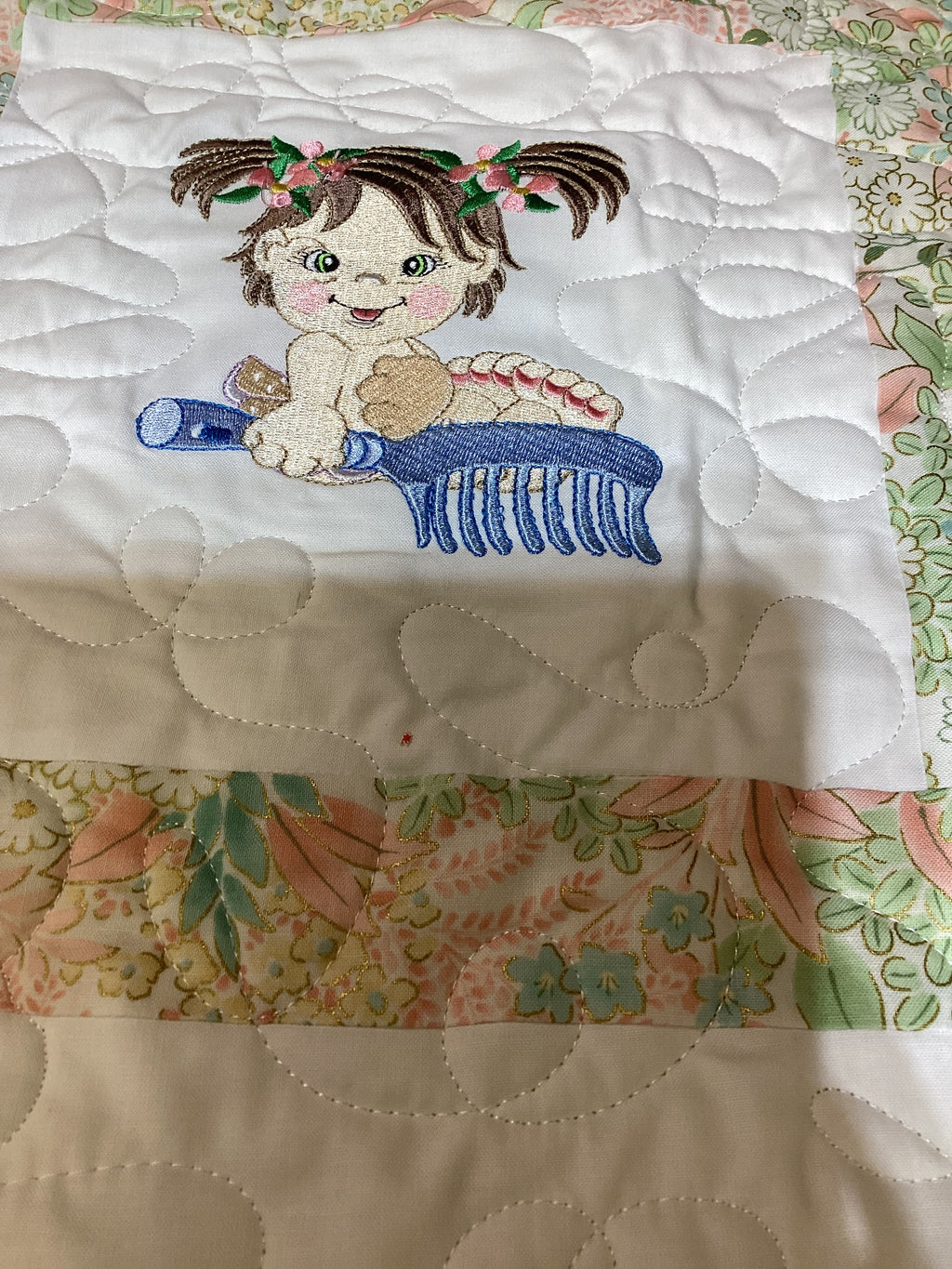 Handmade Embroidered Baby Girls Quilt Art – Colorful Nursery Decor – Baby Shower Gift Idea