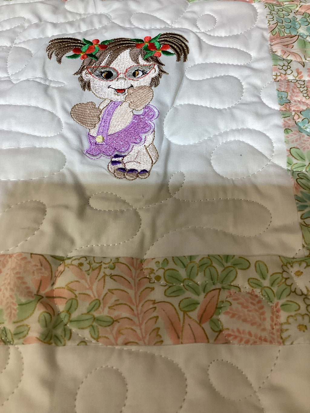 Handmade Embroidered Baby Girls Quilt Art – Colorful Nursery Decor – Baby Shower Gift Idea