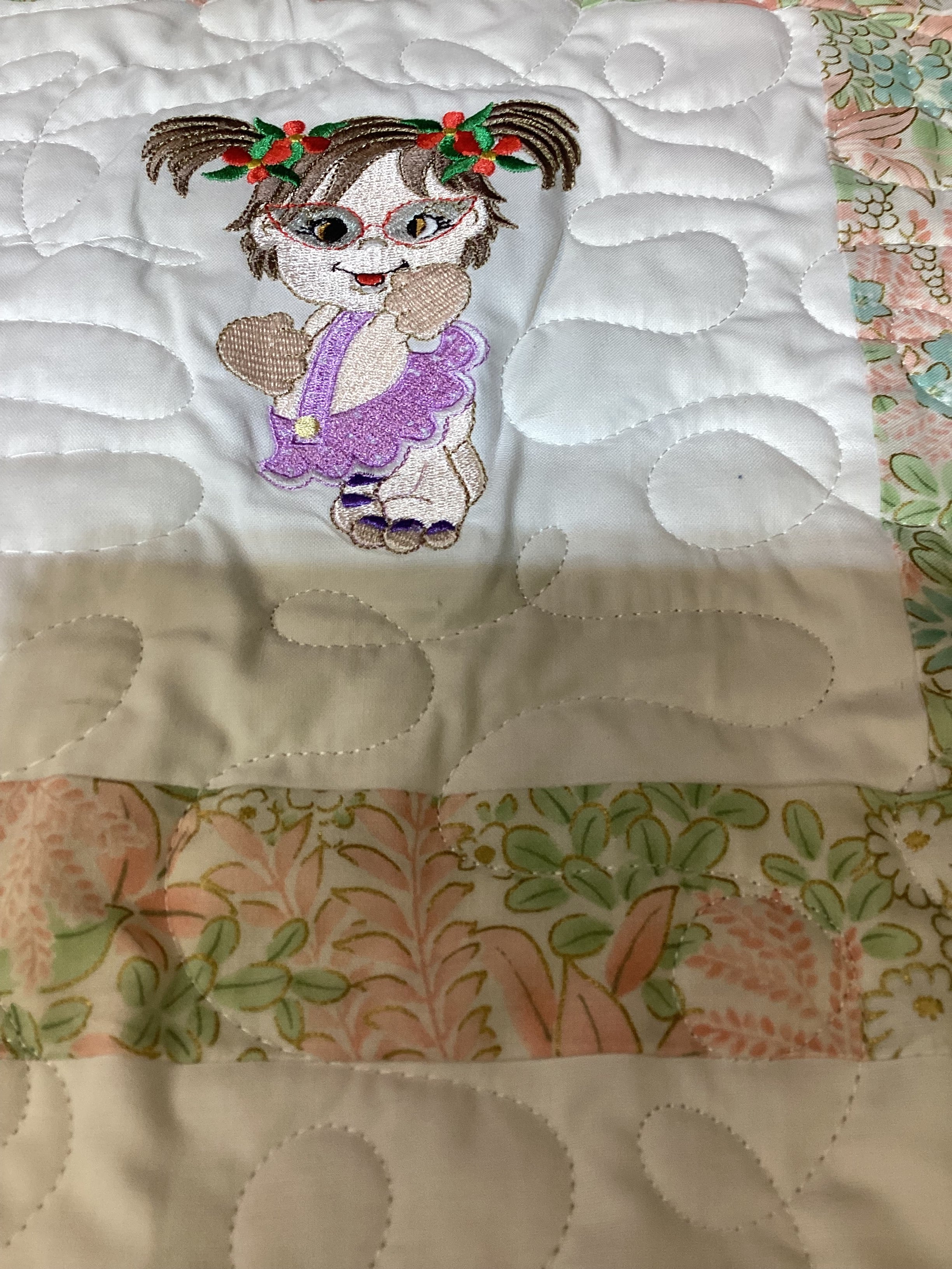 Handmade Embroidered Baby Girls Quilt Art – Colorful Nursery Decor – Baby Shower Gift Idea