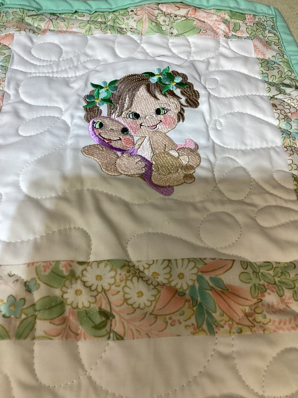 Handmade Embroidered Baby Girls Quilt Art – Colorful Nursery Decor – Baby Shower Gift Idea