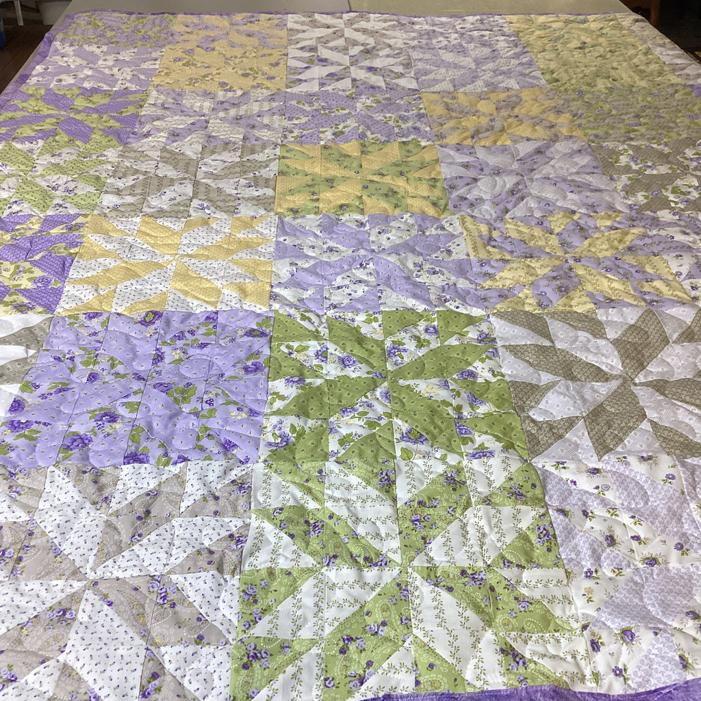 Handmade Queen Size Purple Floral Quilt – Green Yellow Wildflower Quilt – Heirloom Long Arm Quilted Bedspread throw blanket comforter