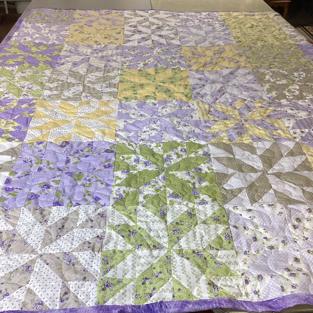 Handmade Queen Size Purple Floral Quilt – Green Yellow Wildflower Quilt – Heirloom Long Arm Quilted Bedspread throw blanket comforter