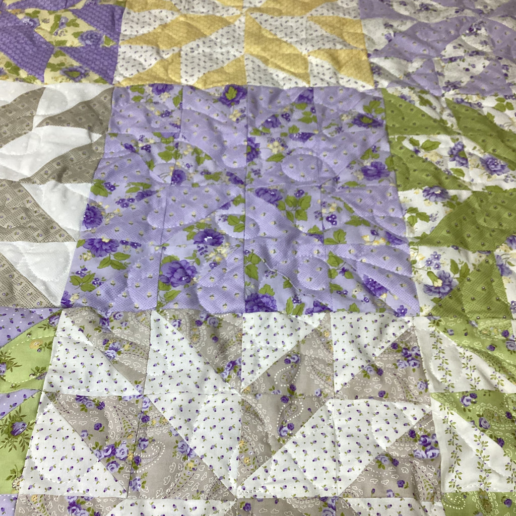 Handmade Queen Size Purple Floral Quilt – Green Yellow Wildflower Quilt – Heirloom Long Arm Quilted Bedspread throw blanket comforter