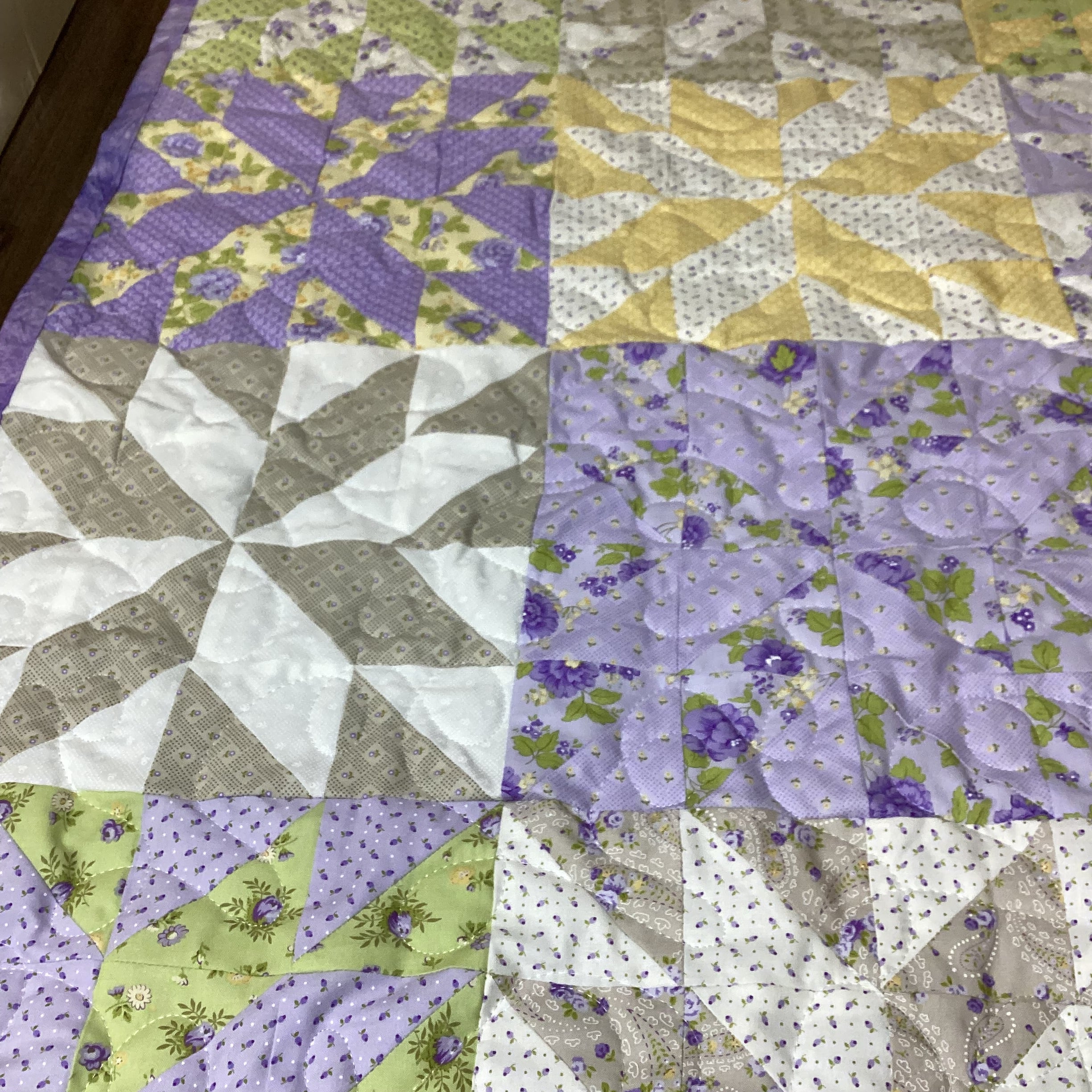Handmade Queen Size Purple Floral Quilt – Green Yellow Wildflower Quilt – Heirloom Long Arm Quilted Bedspread throw blanket comforter