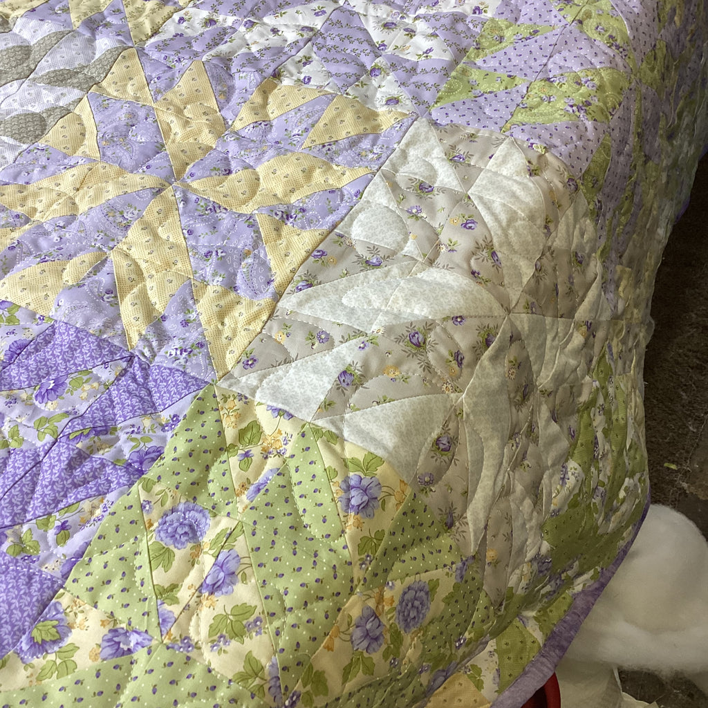 Handmade Queen Size Purple Floral Quilt – Green Yellow Wildflower Quilt – Heirloom Long Arm Quilted Bedspread throw blanket comforter