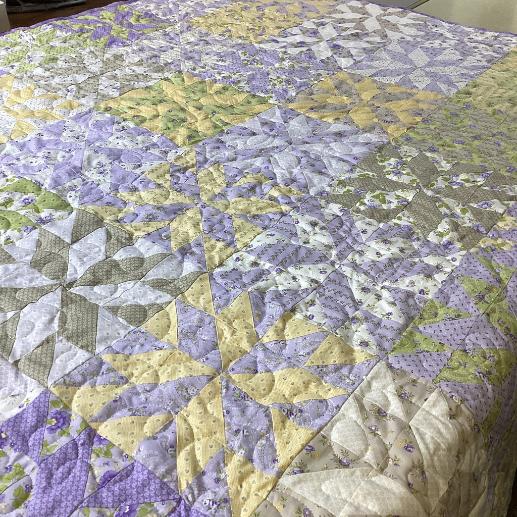 Handmade Queen Size Purple Floral Quilt – Green Yellow Wildflower Quilt – Heirloom Long Arm Quilted Bedspread throw blanket comforter