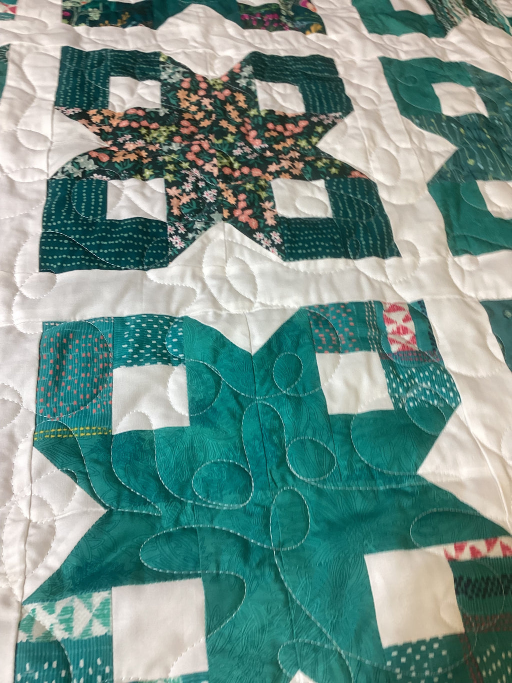 Blue Teal White Geometric Quilt Reversible Handmade Blanket Floral Accent Lightweight Quilt Gift