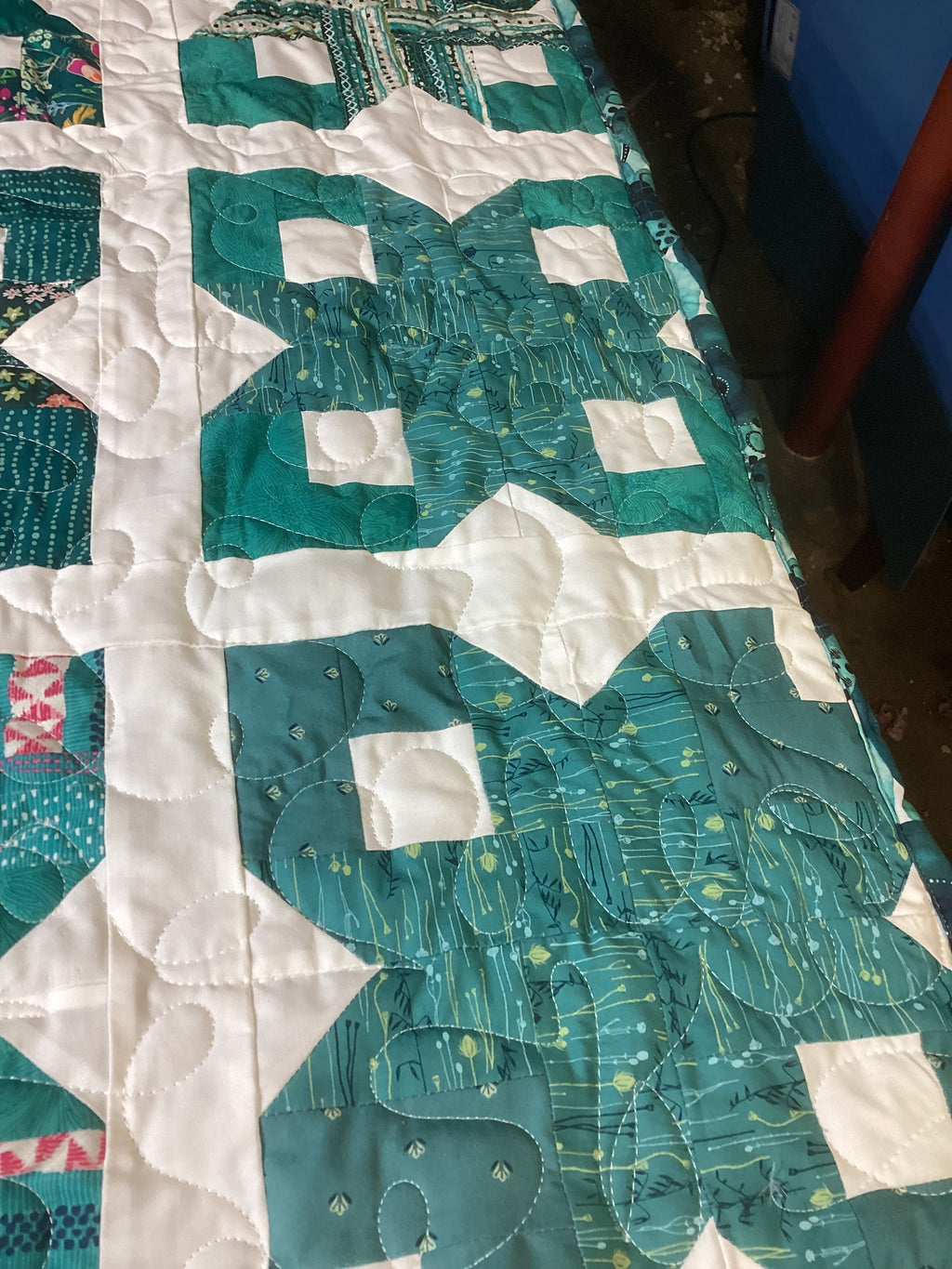 Blue Teal White Geometric Quilt Reversible Handmade Blanket Floral Accent Lightweight Quilt Gift