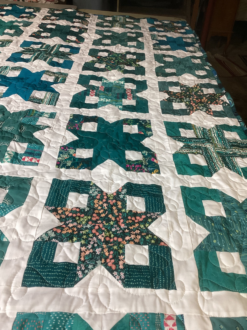 Blue Teal White Geometric Quilt Reversible Handmade Blanket Floral Accent Lightweight Quilt Gift