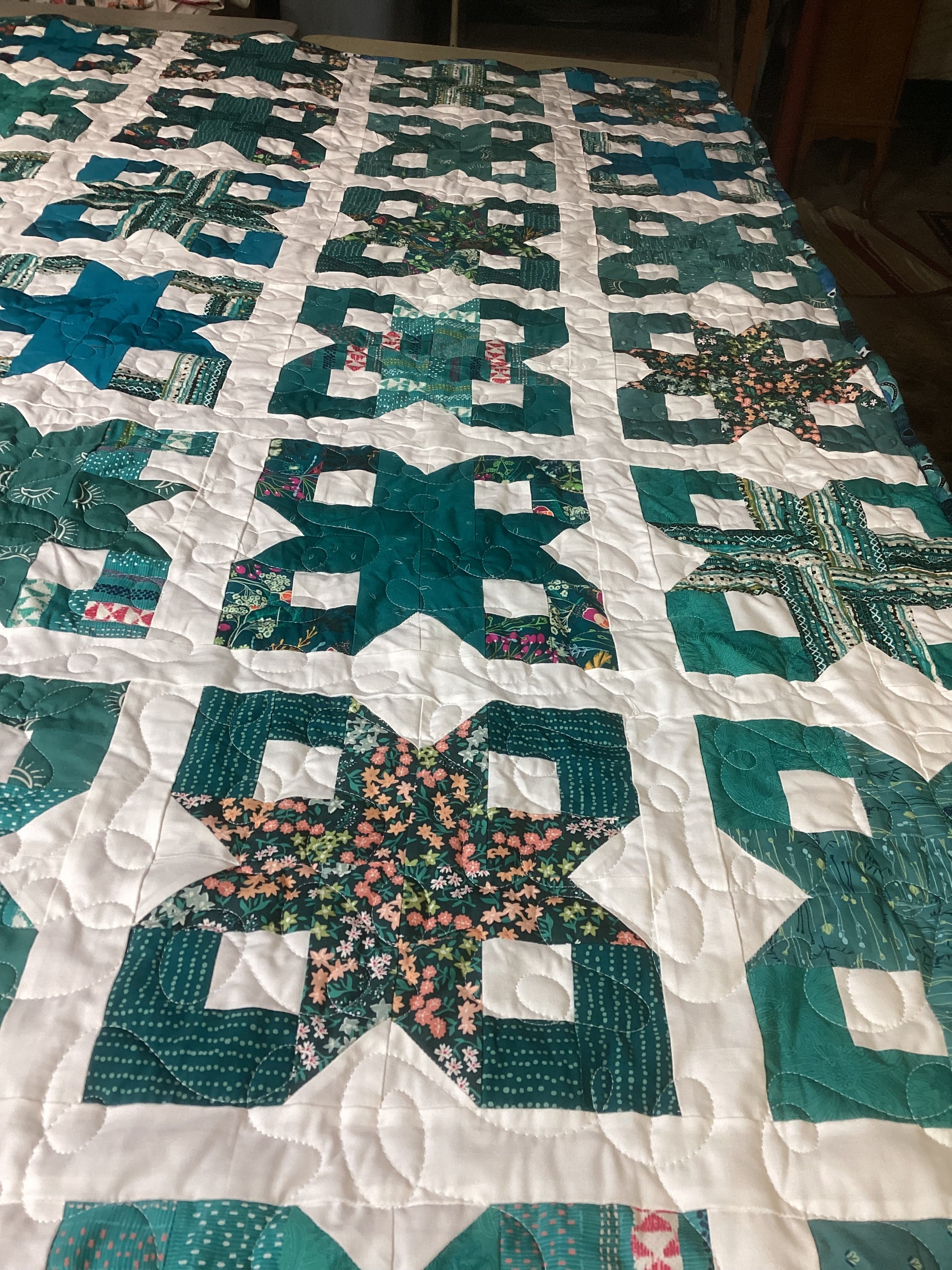 Blue Teal White Geometric Quilt Reversible Handmade Blanket Floral Accent Lightweight Quilt Gift
