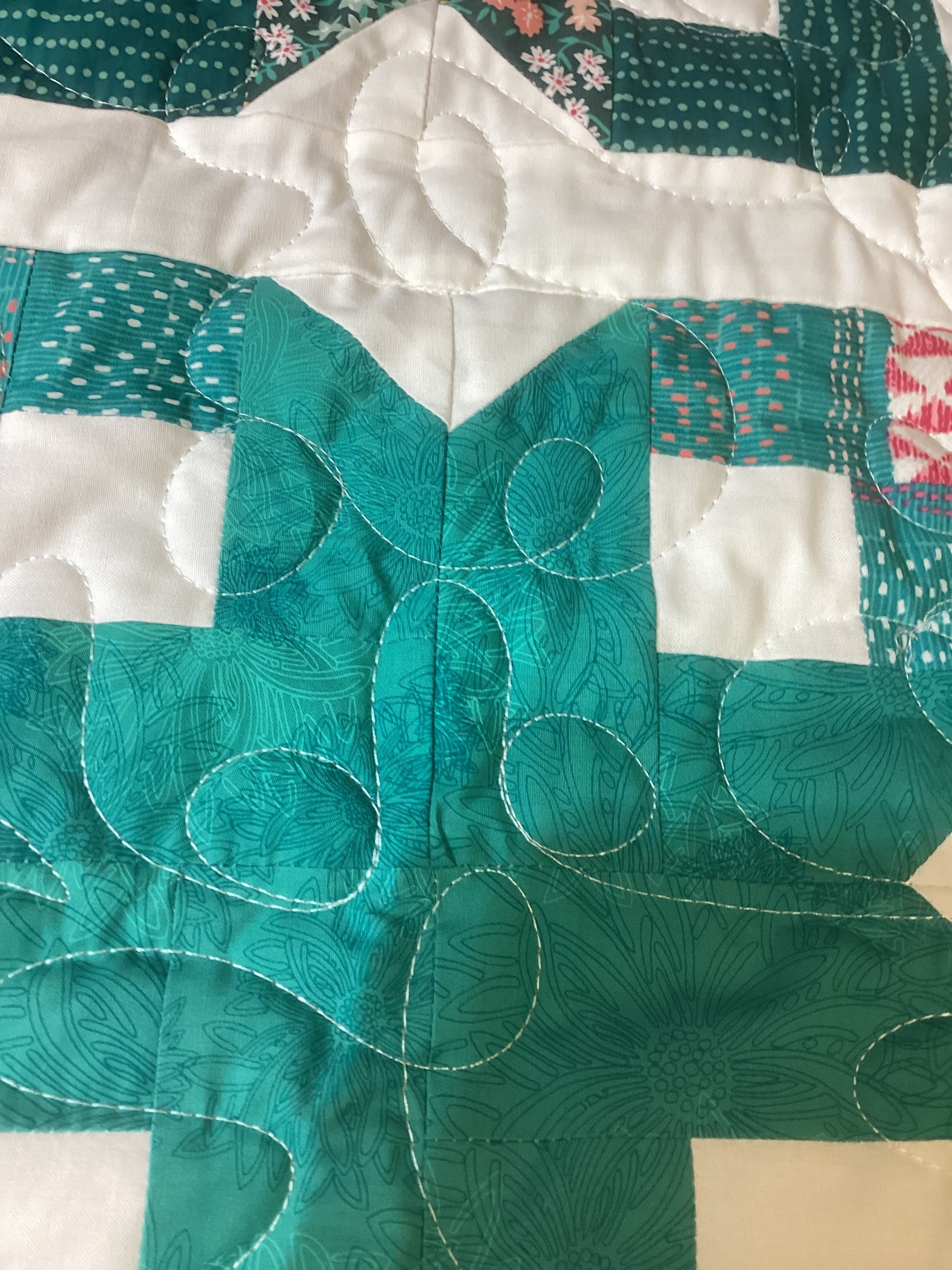Blue Teal White Geometric Quilt Reversible Handmade Blanket Floral Accent Lightweight Quilt Gift