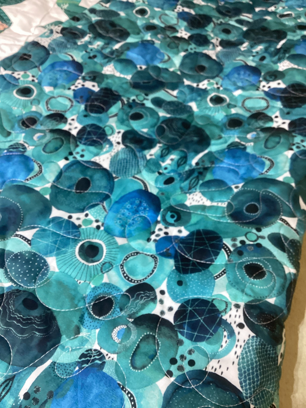 Blue Teal White Geometric Quilt Reversible Handmade Blanket Floral Accent Lightweight Quilt Gift