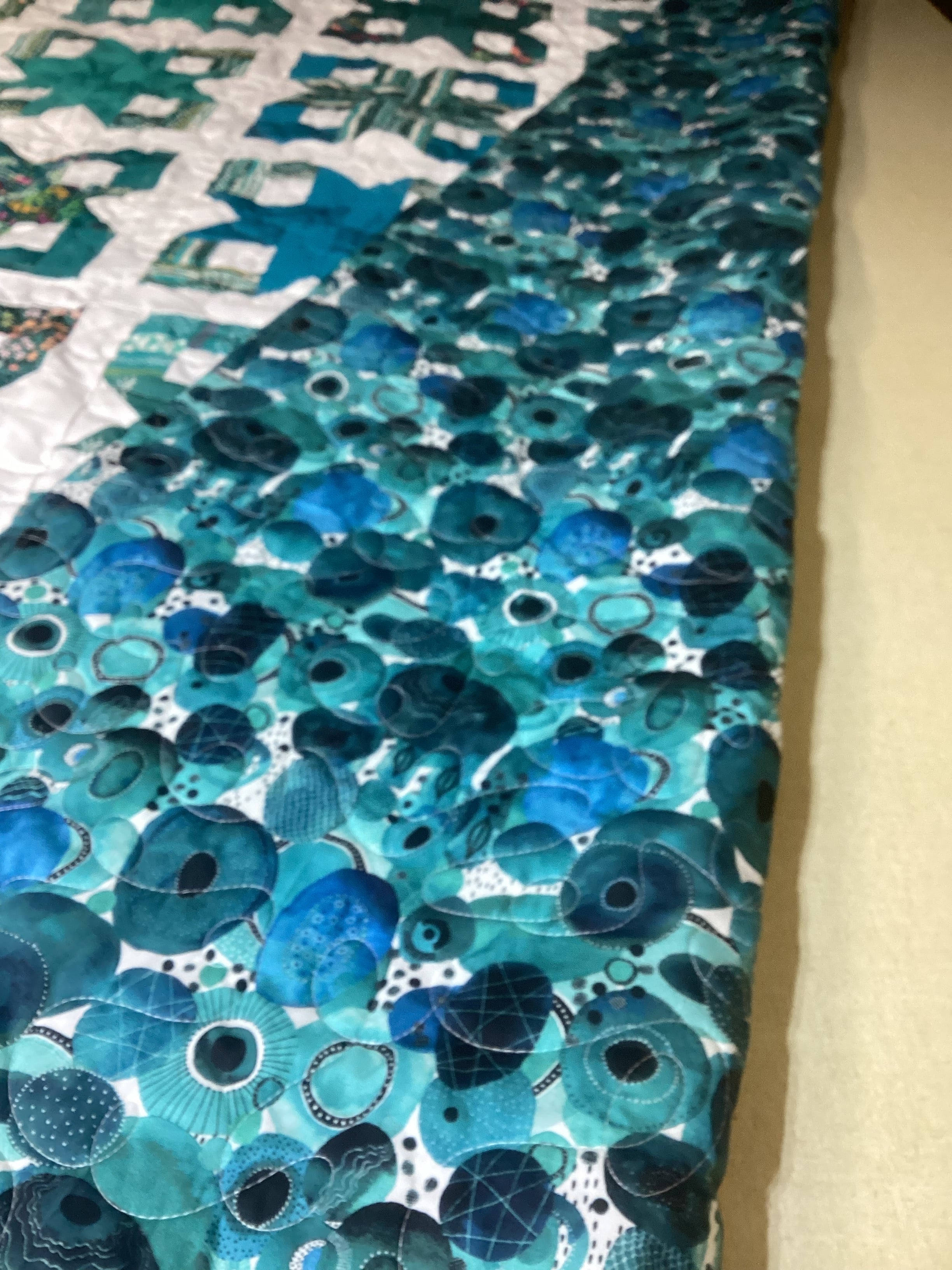 Blue Teal White Geometric Quilt Reversible Handmade Blanket Floral Accent Lightweight Quilt Gift