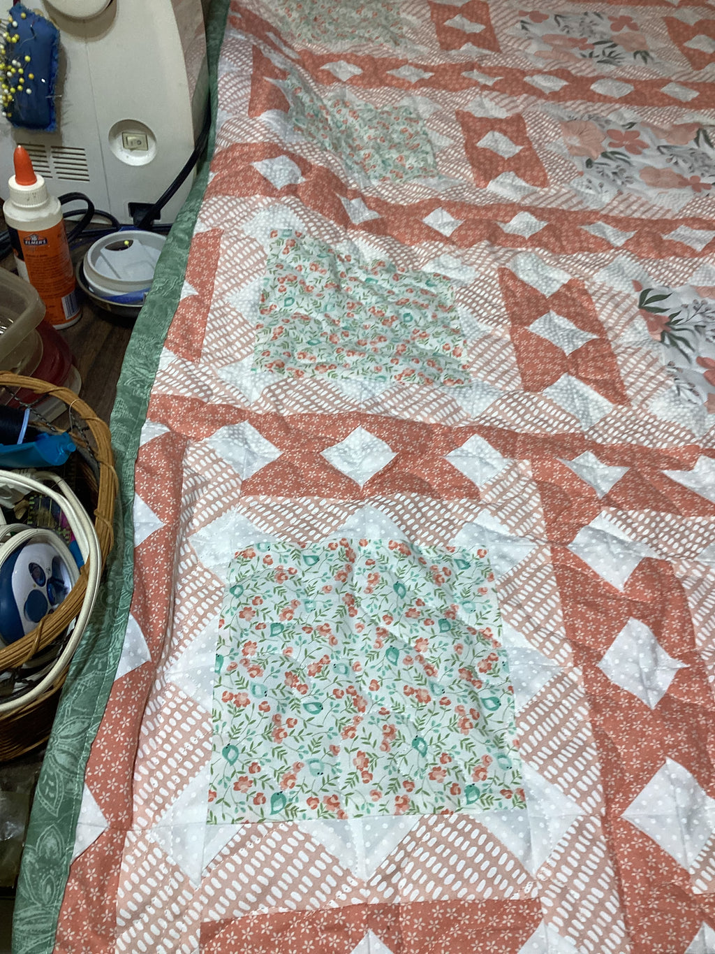 Peach & Green Floral King Quilt – Handmade Square in a Square Patchwork Blanket – Lightweight Heirloom Bedding – Cottage Farmhouse Gift