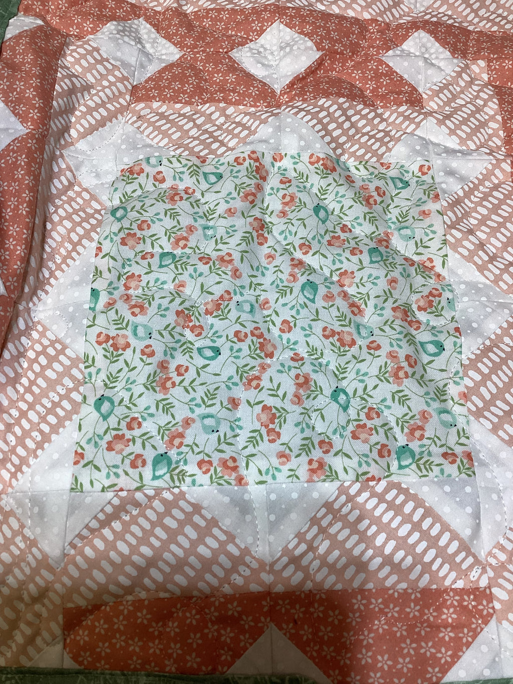 Peach & Green Floral King Quilt – Handmade Square in a Square Patchwork Blanket – Lightweight Heirloom Bedding – Cottage Farmhouse Gift