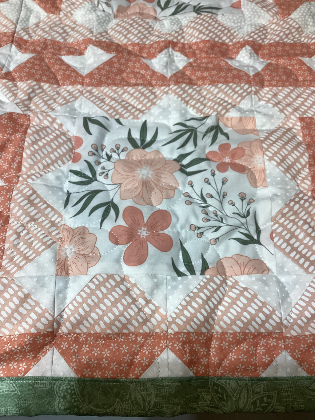 Peach & Green Floral King Quilt – Handmade Square in a Square Patchwork Blanket – Lightweight Heirloom Bedding – Cottage Farmhouse Gift