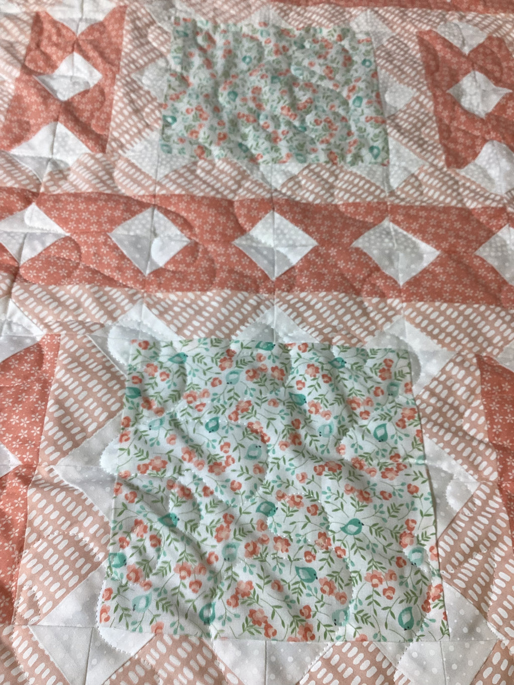 Peach & Green Floral King Quilt – Handmade Square in a Square Patchwork Blanket – Lightweight Heirloom Bedding – Cottage Farmhouse Gift