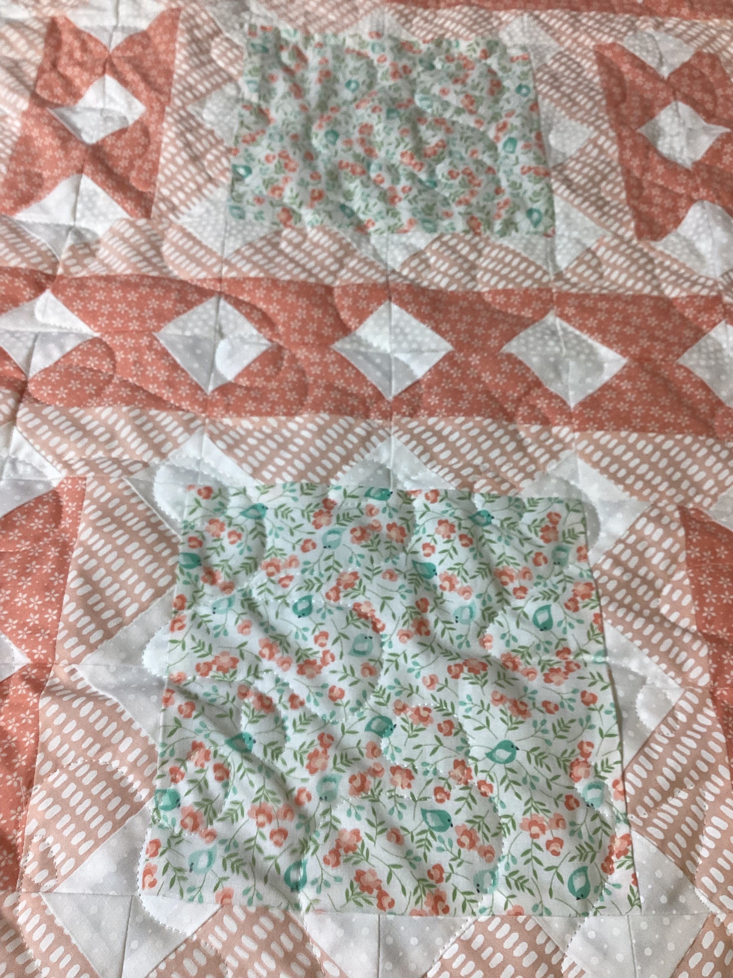 Peach & Green Floral King Quilt – Handmade Square in a Square Patchwork Blanket – Lightweight Heirloom Bedding – Cottage Farmhouse Gift