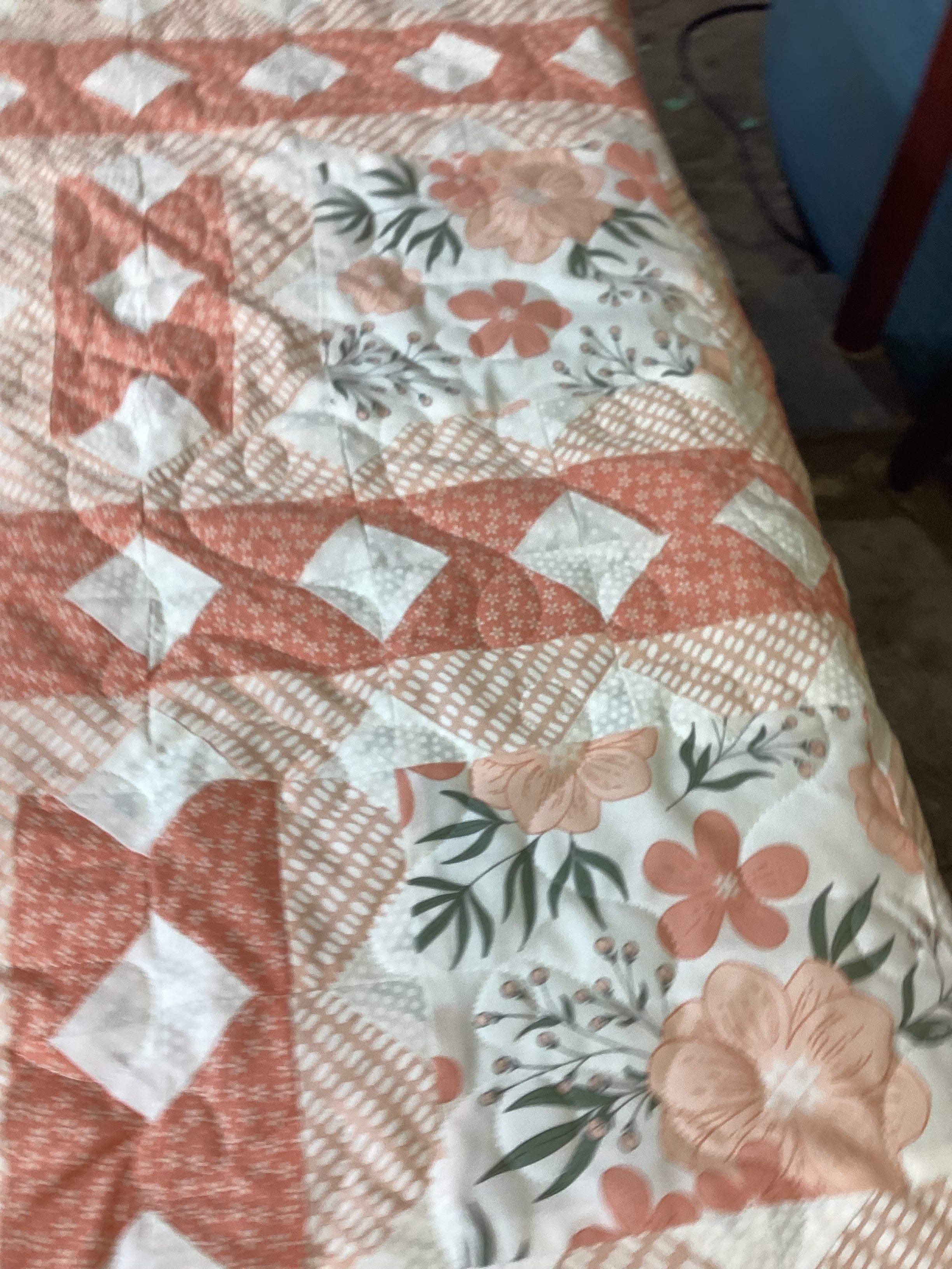 Peach & Green Floral King Quilt – Handmade Square in a Square Patchwork Blanket – Lightweight Heirloom Bedding – Cottage Farmhouse Gift