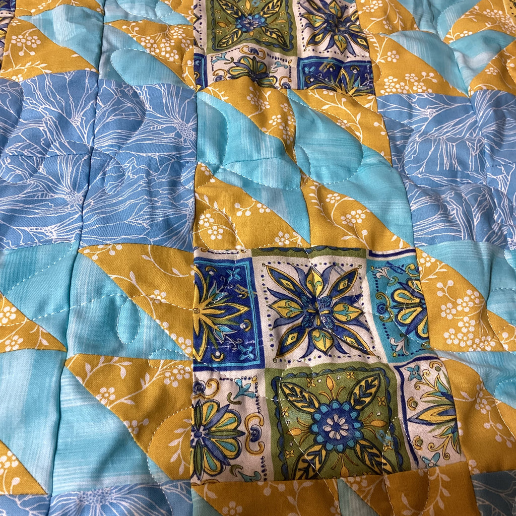 Handmade Quilt – Blue Yellow Fabric Geometric Design