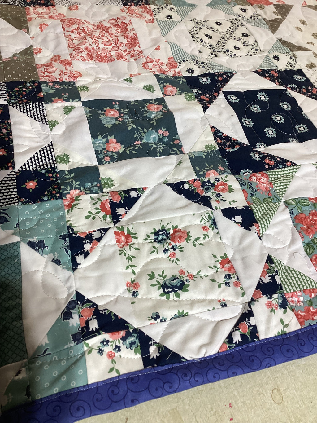 Handmade Queen Size Country Quilt – Blue, Pink & Green Floral Patchwork Blanket comforter bedspread duvet cover throw blanket