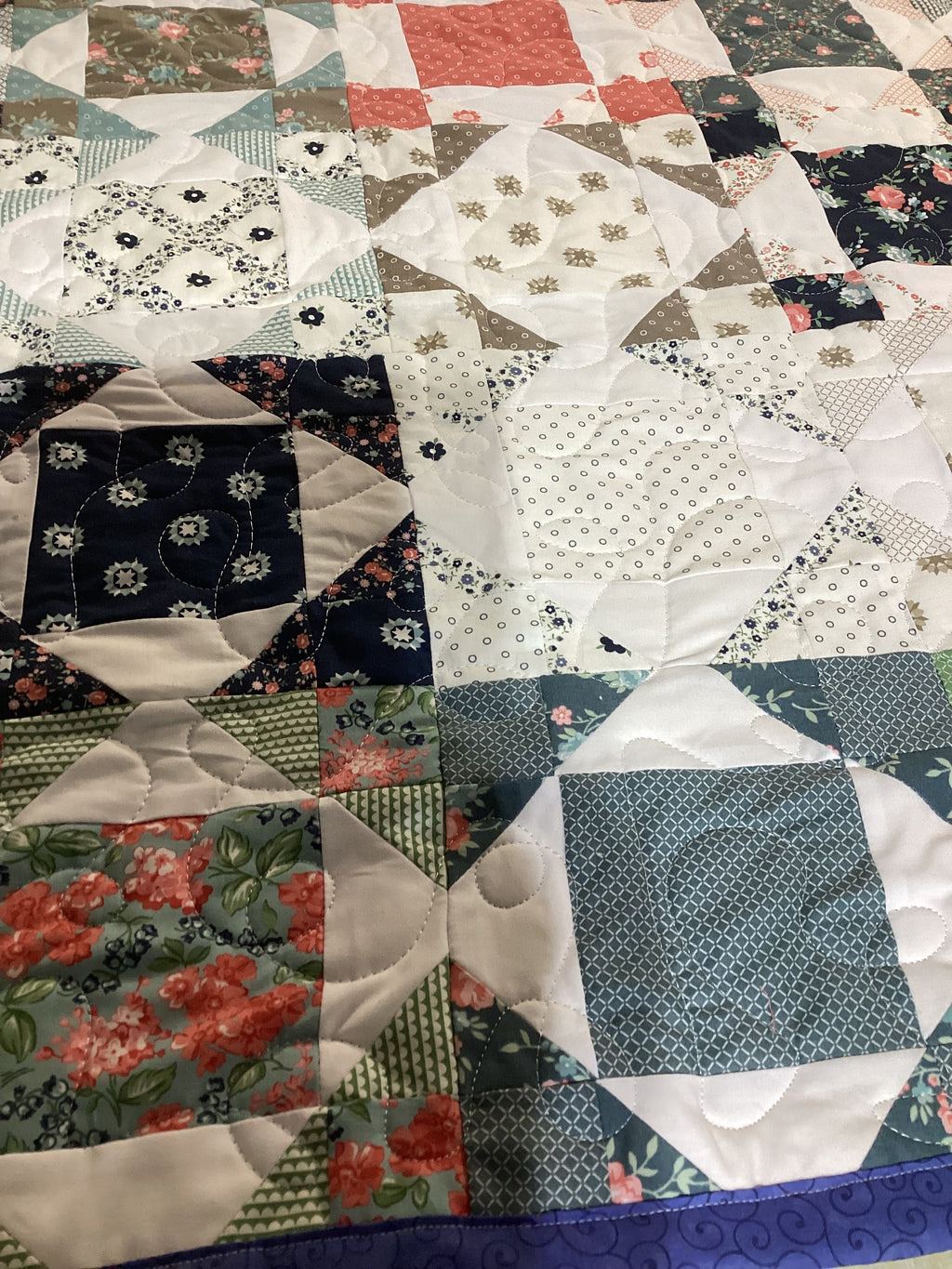 Handmade Queen Size Country Quilt – Blue, Pink & Green Floral Patchwork Blanket comforter bedspread duvet cover throw blanket