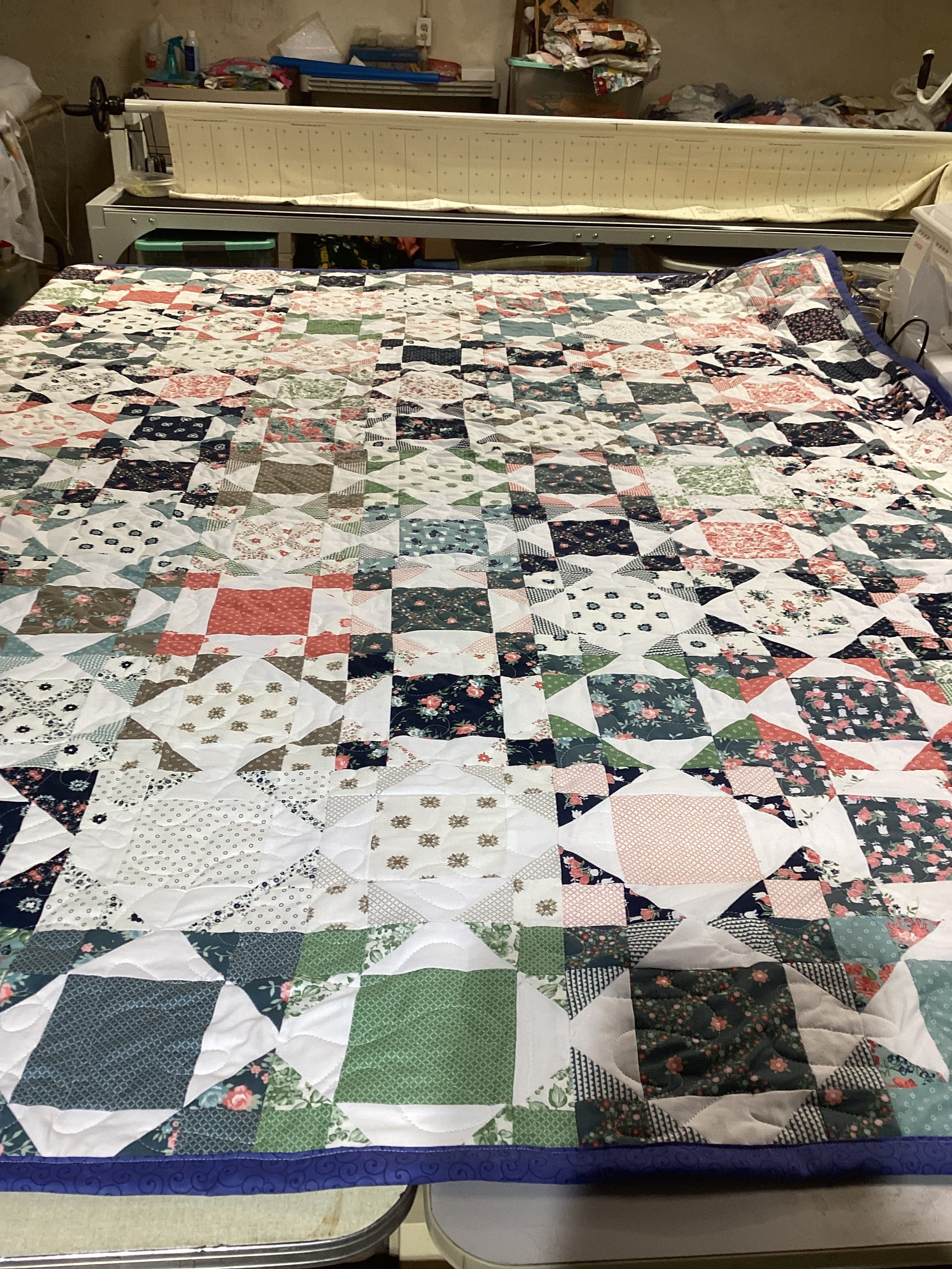 Handmade Queen Size Country Quilt – Blue, Pink & Green Floral Patchwork Blanket comforter bedspread duvet cover throw blanket