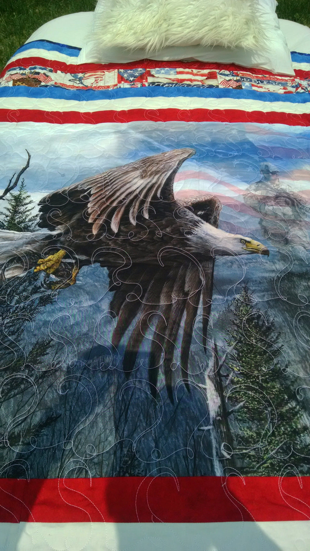 Flying Eagle Patriotic Quilt – Handmade Red White Blue Throw comforter bedspread duvet cover gift idea