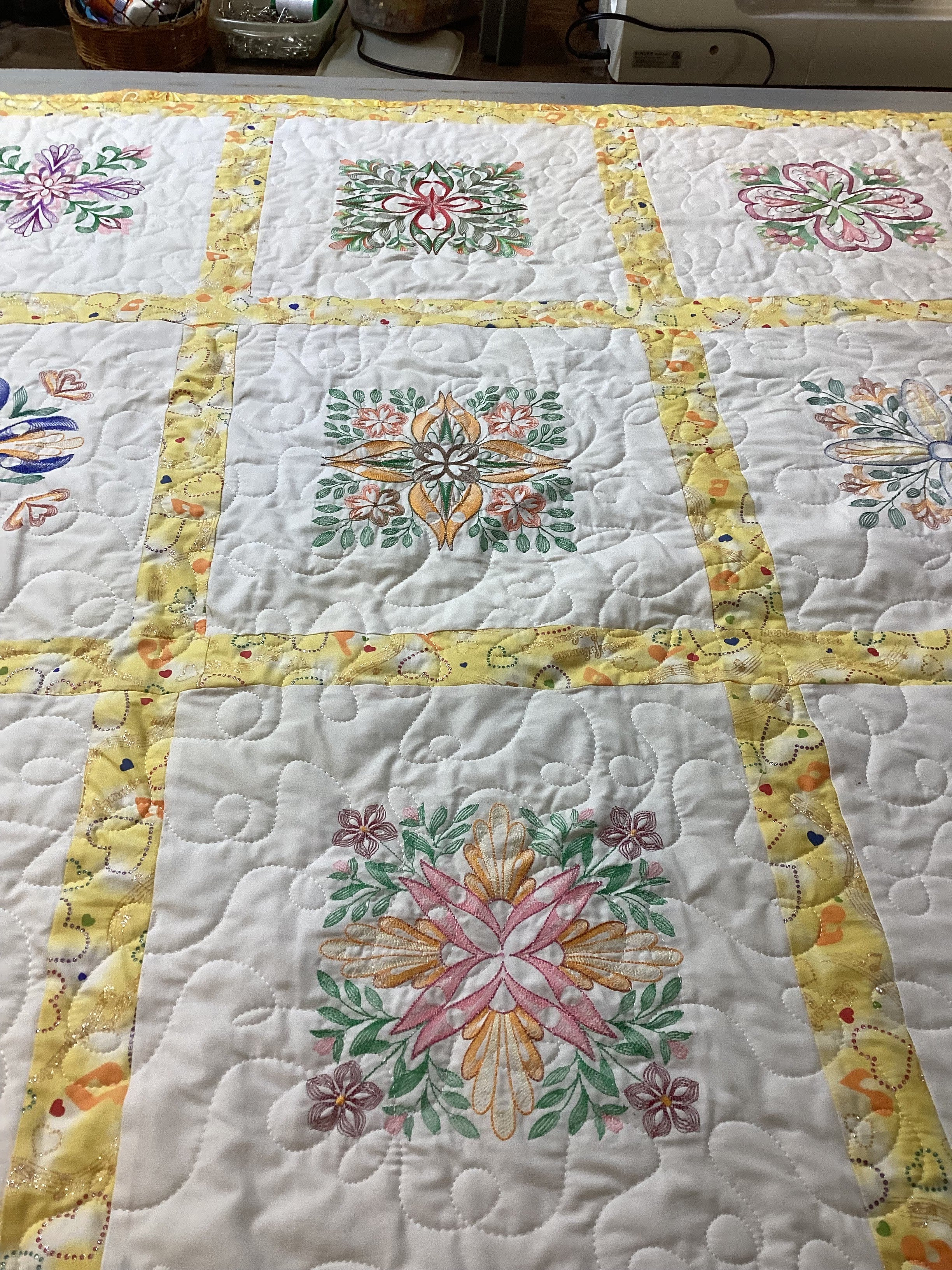 Embroidered Heirloom Quilt in Blooming Rainbow Florals  comforter bedspread throw blanket gift idea