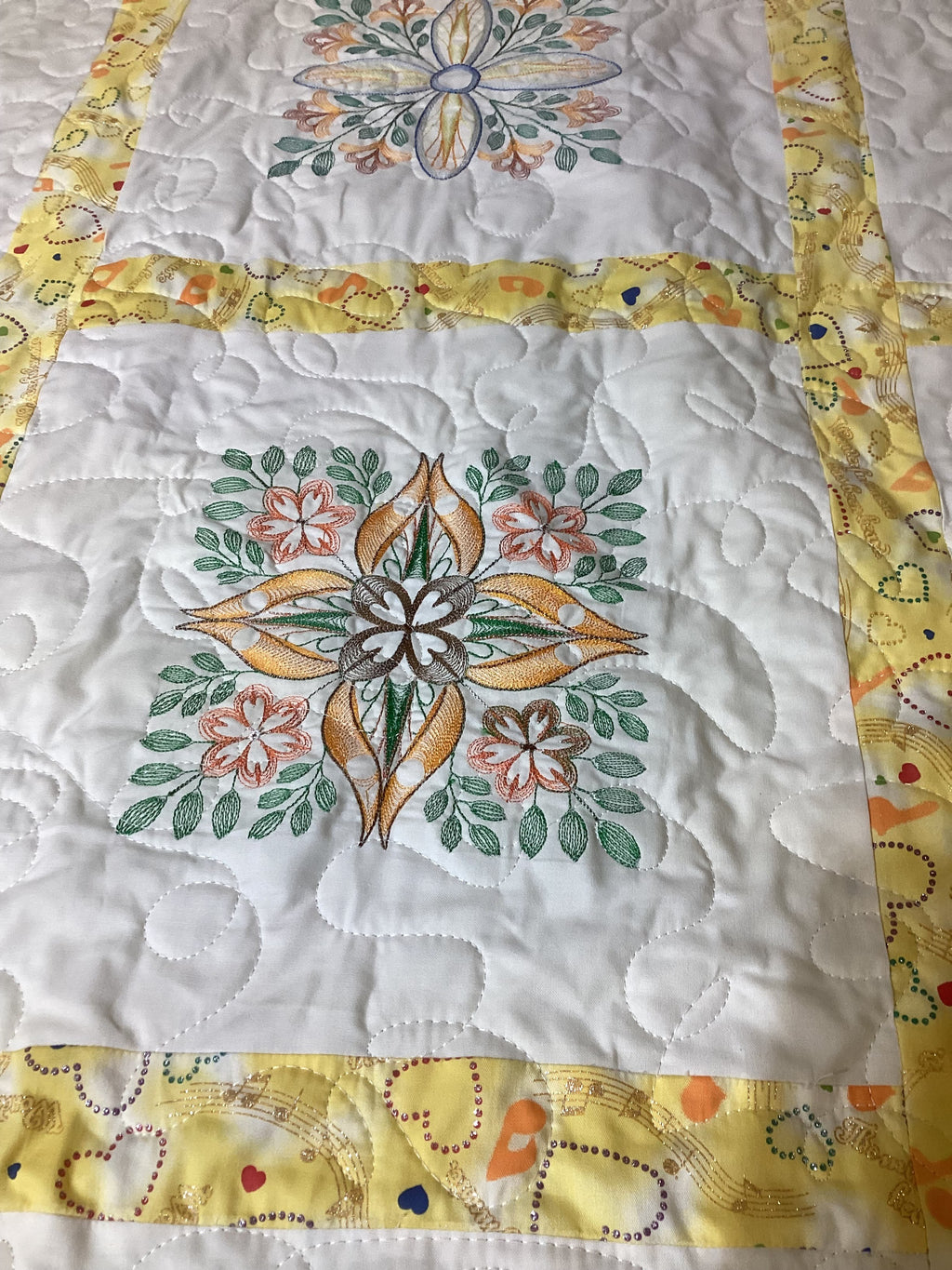 Embroidered Heirloom Quilt in Blooming Rainbow Florals  comforter bedspread throw blanket gift idea