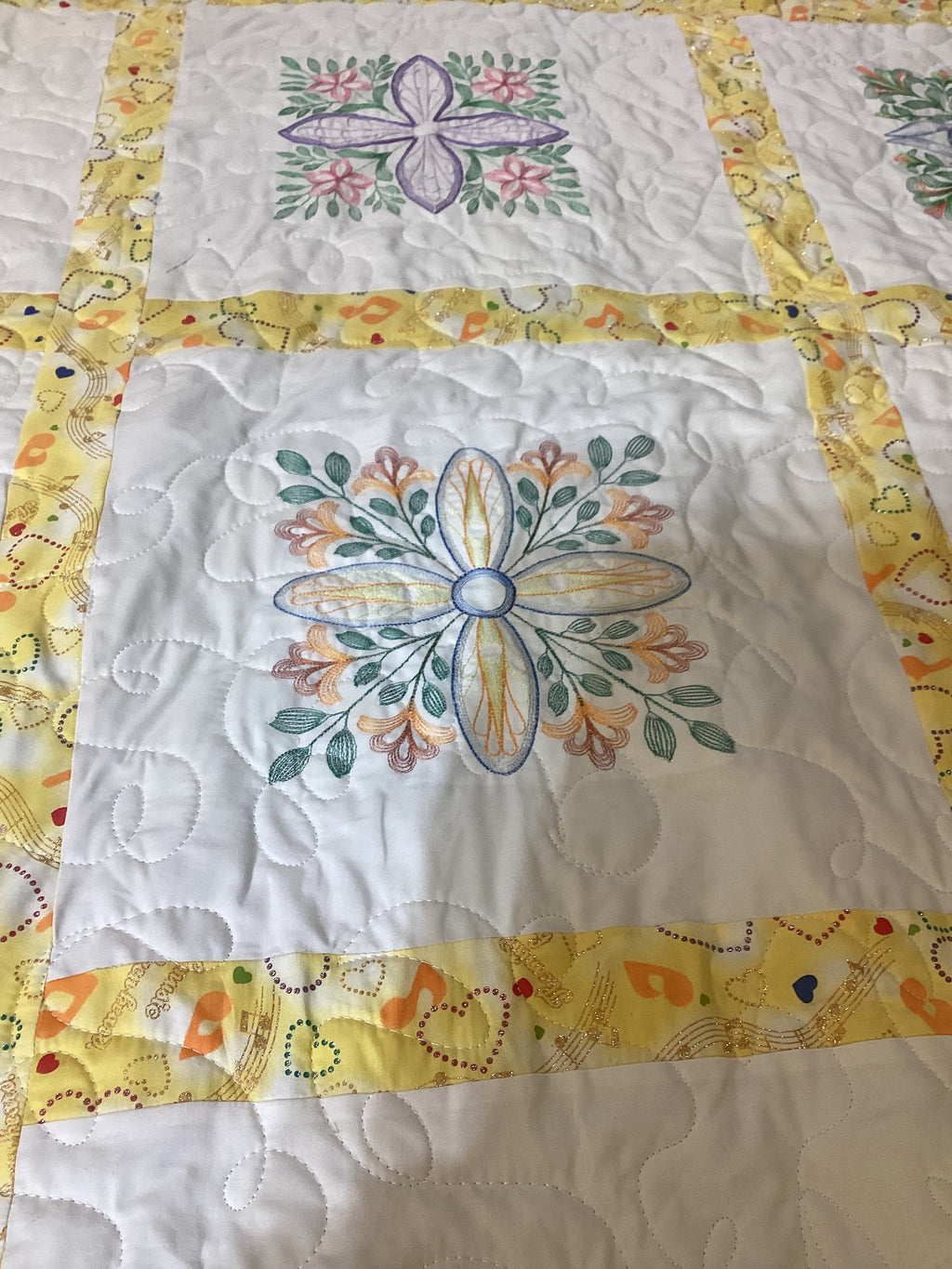Embroidered Heirloom Quilt in Blooming Rainbow Florals  comforter bedspread throw blanket gift idea