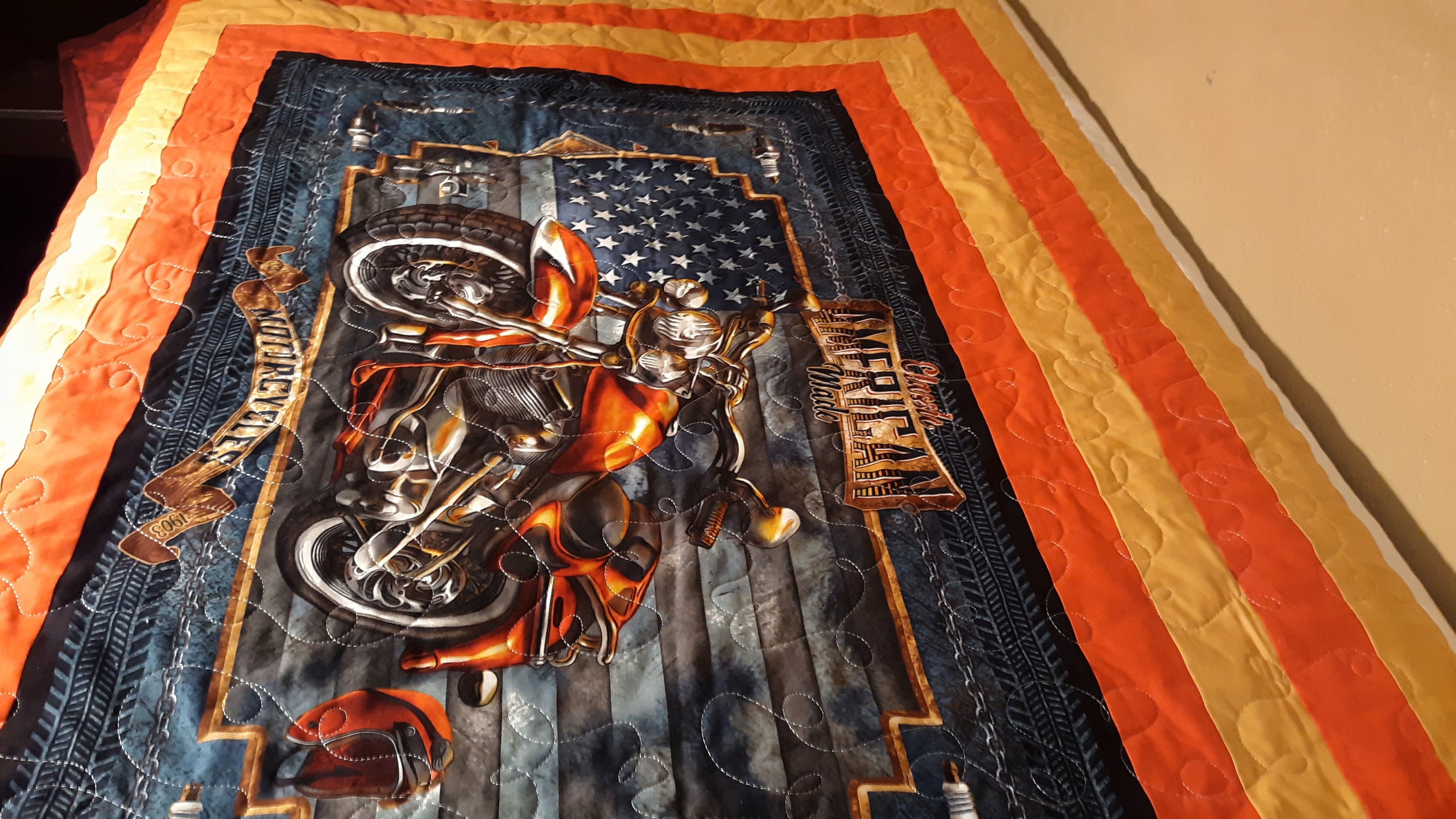 Americana Motorcycle Quilt  comforter bedspread duvet cover gift idea