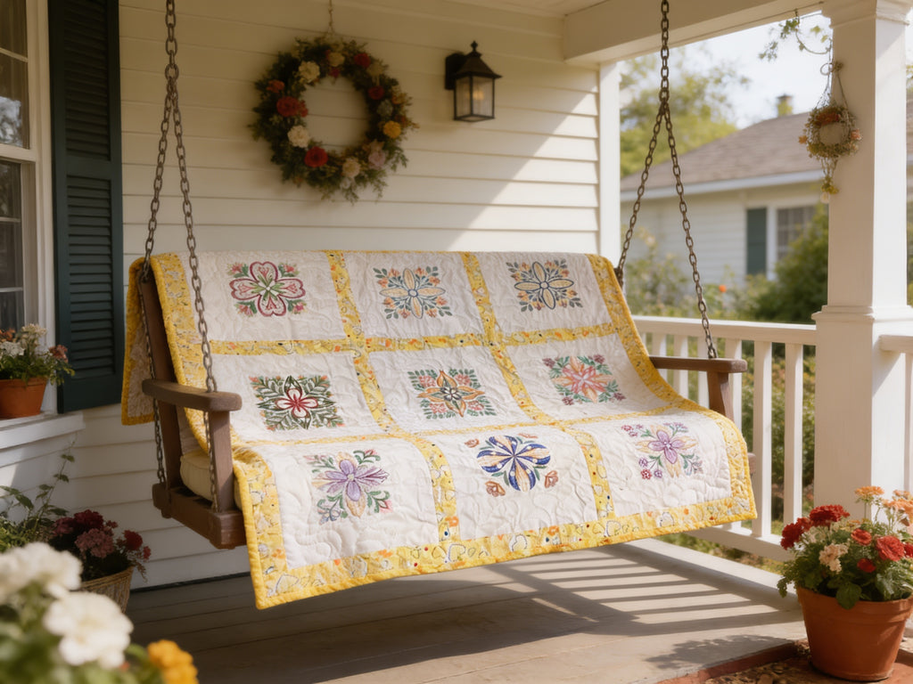 Embroidered Heirloom Quilt in Blooming Rainbow Florals  comforter bedspread throw blanket gift idea