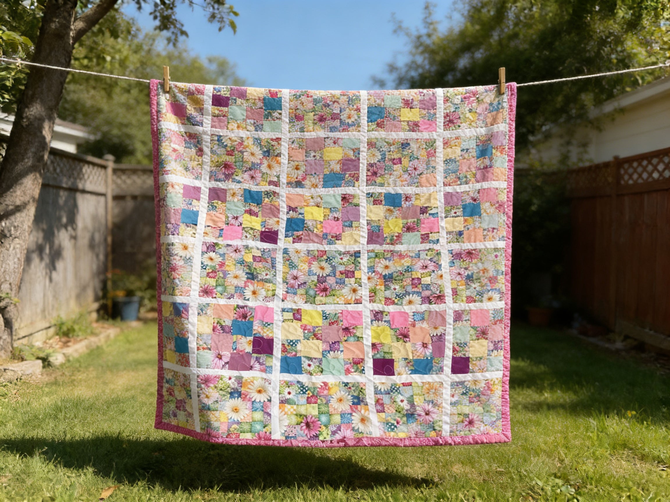 Handmade Rainbow Daisy Quilt – King Queen Size Floral Patchwork Blanket – Pink Backing Cozy Cottagecore Bedding Gift